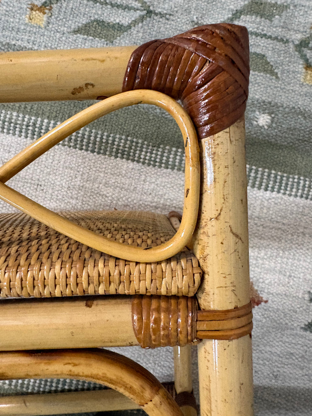 Rattan and Bamboo Dressing Stool in the Style of Franco Albini, Cushioned Cane Seat, Italy, c.1960s