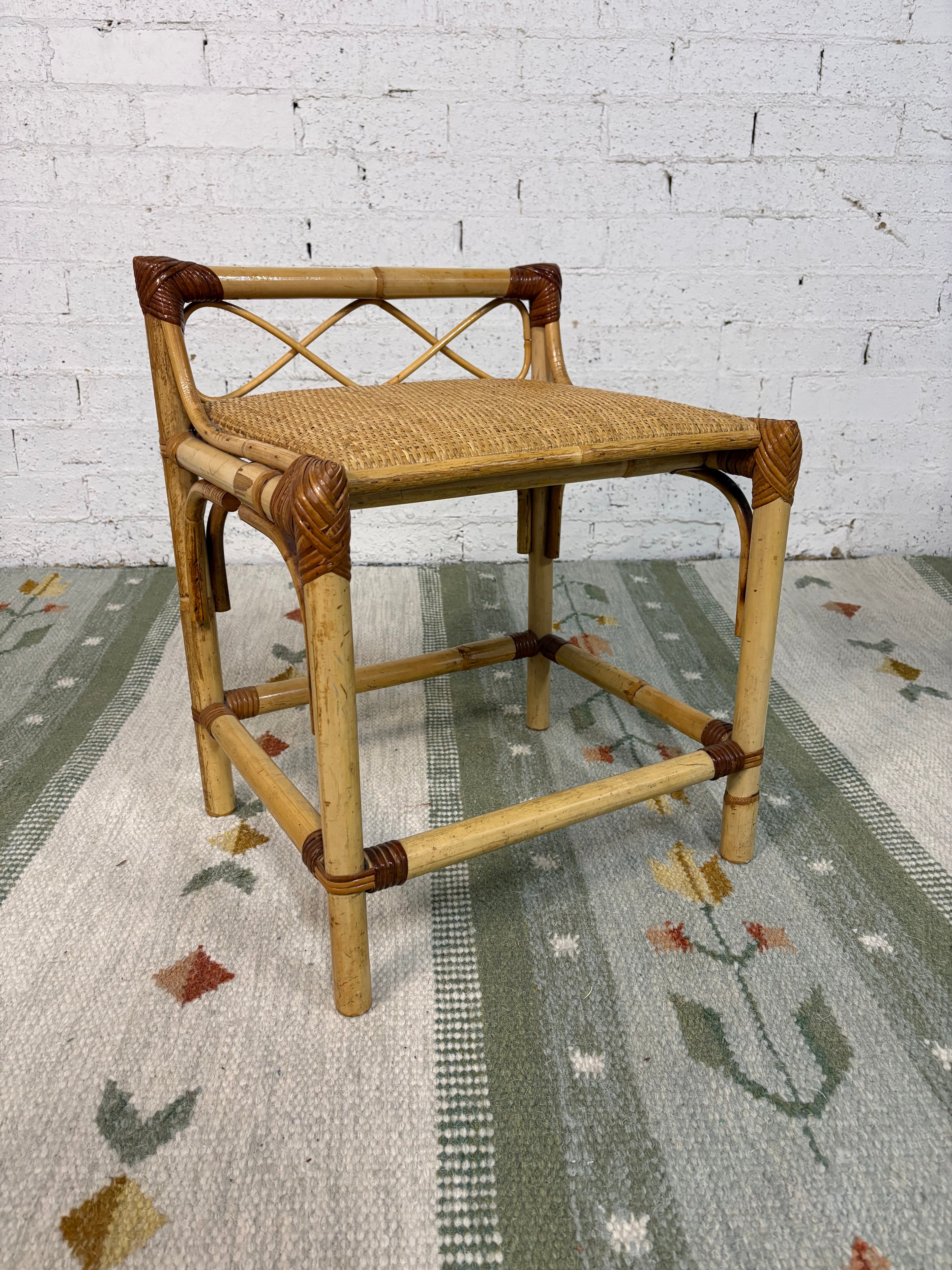 Rattan and Bamboo Dressing Stool in the Style of Franco Albini, Cushioned Cane Seat, Italy, c.1960s