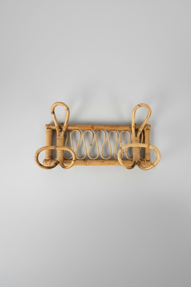 Italian Bamboo Rattan Wall Coat Rack, Albini Style, c.1950s–60s