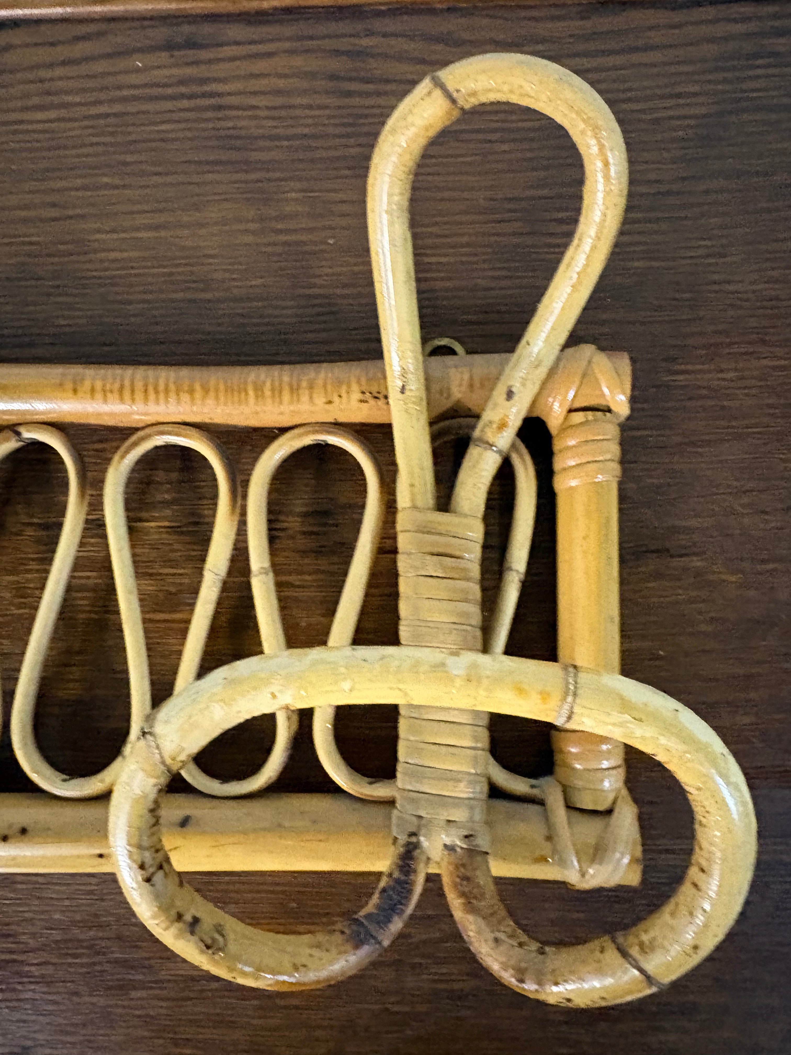 Italian Bamboo Rattan Wall Coat Rack, Albini Style, c.1950s–60s
