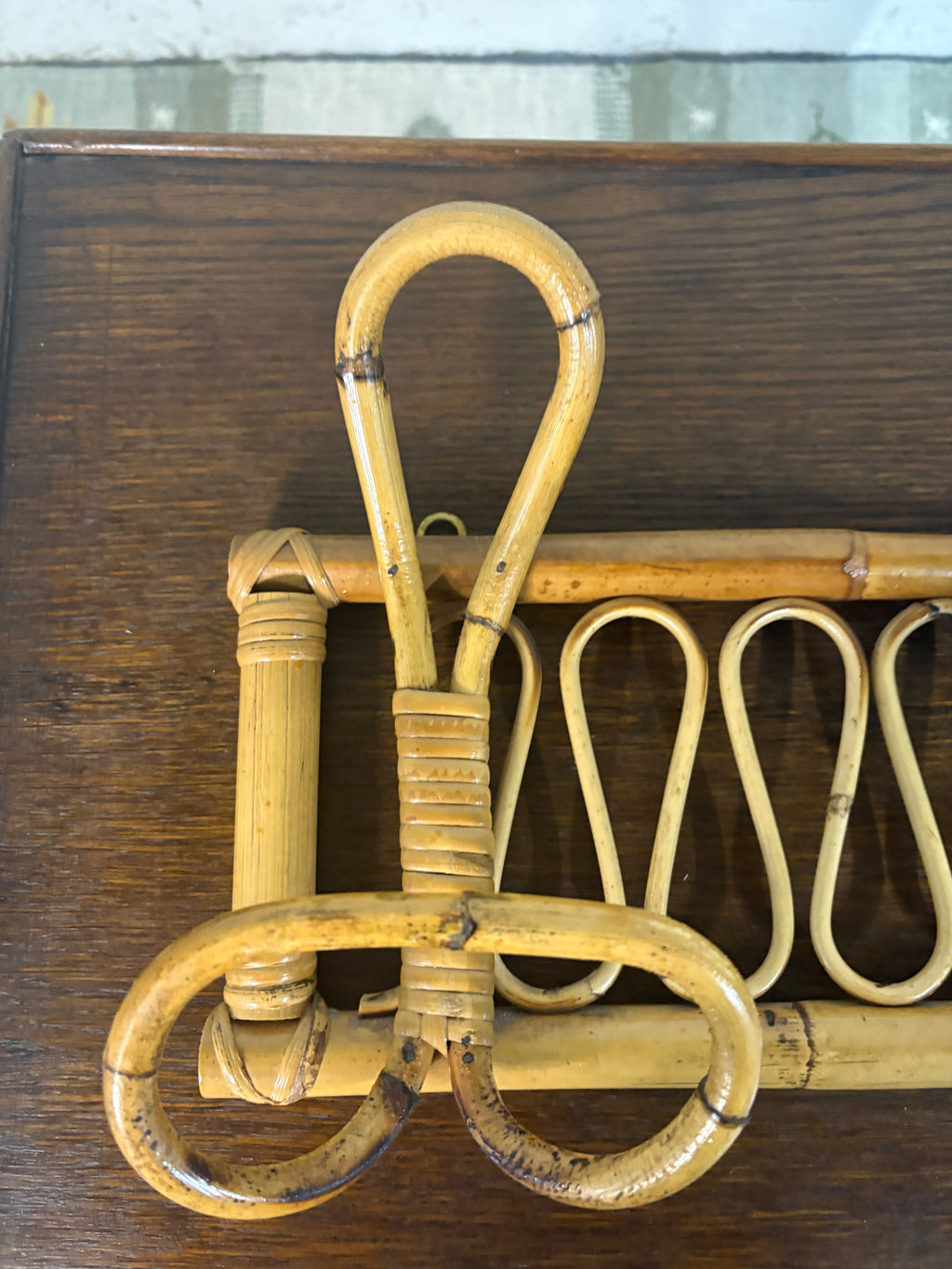 Italian Bamboo Rattan Wall Coat Rack, Albini Style, c.1950s–60s