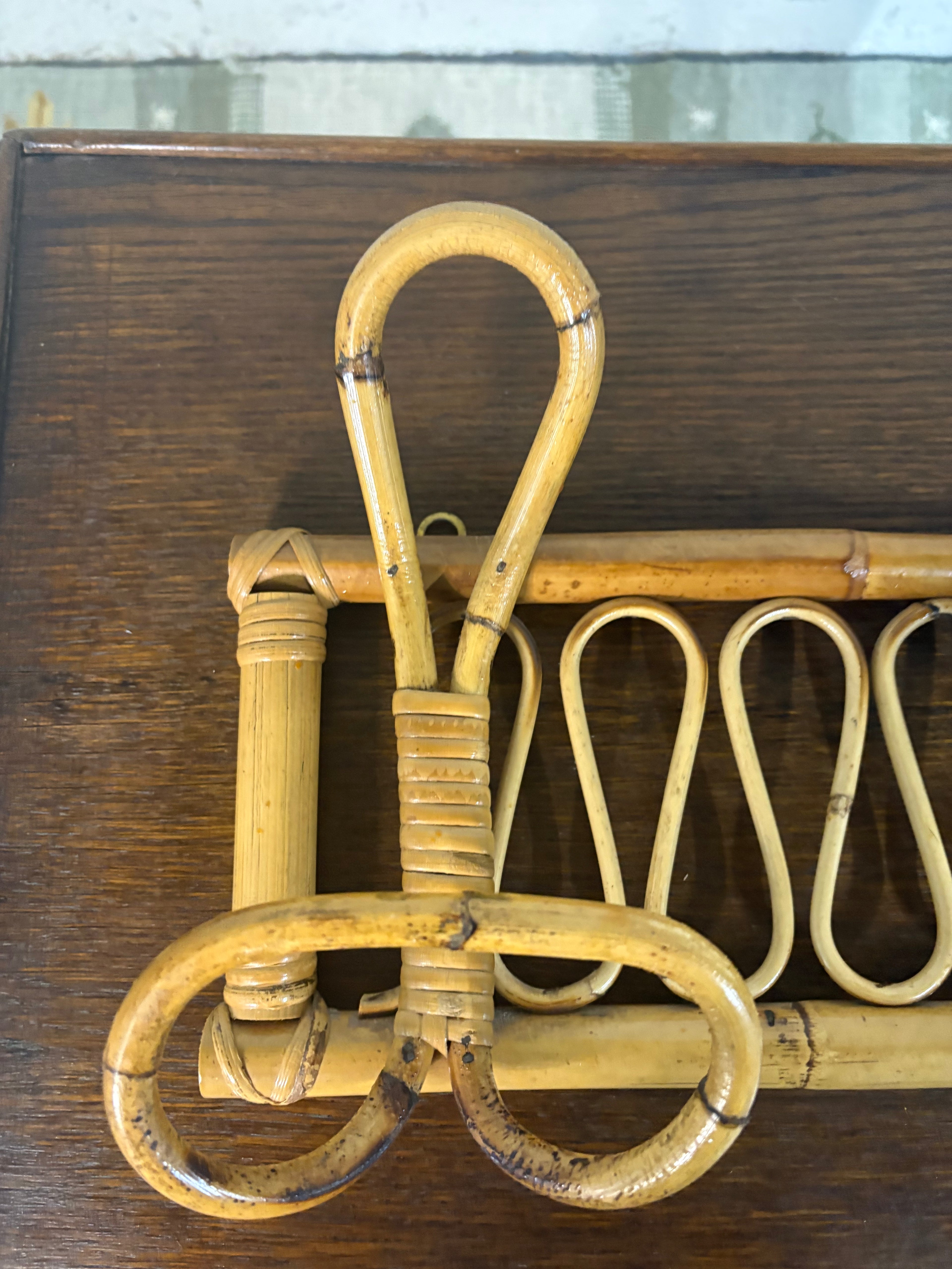 Italian Bamboo Rattan Wall Coat Rack, Albini Style, c.1950s–60s