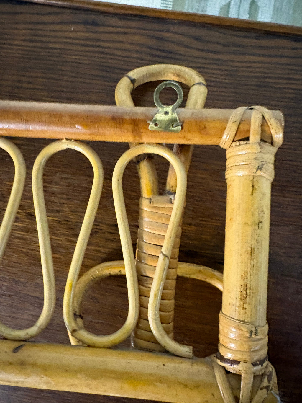 Italian Bamboo Rattan Wall Coat Rack, Albini Style, c.1950s–60s