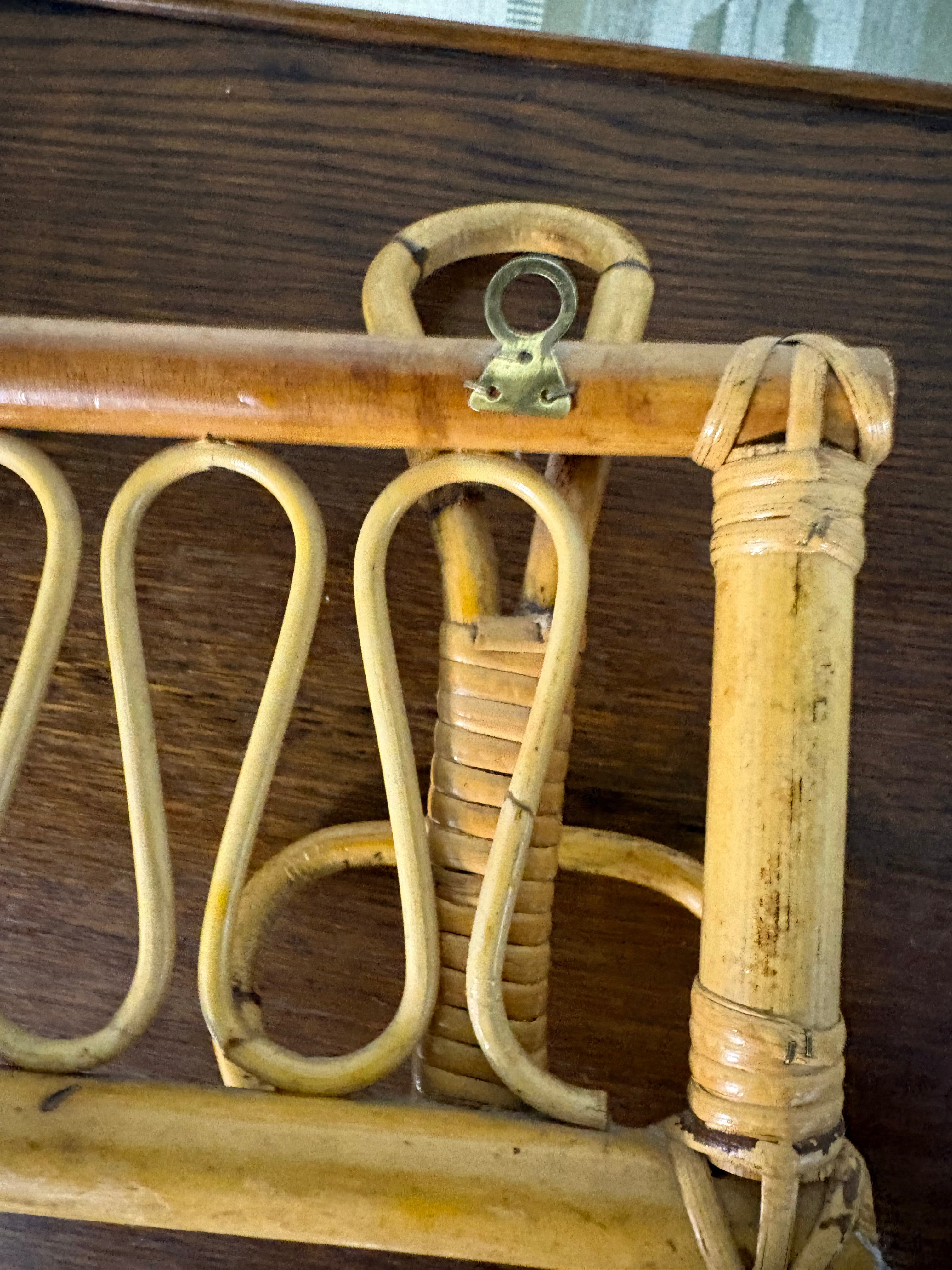 Italian Bamboo Rattan Wall Coat Rack, Albini Style, c.1950s–60s