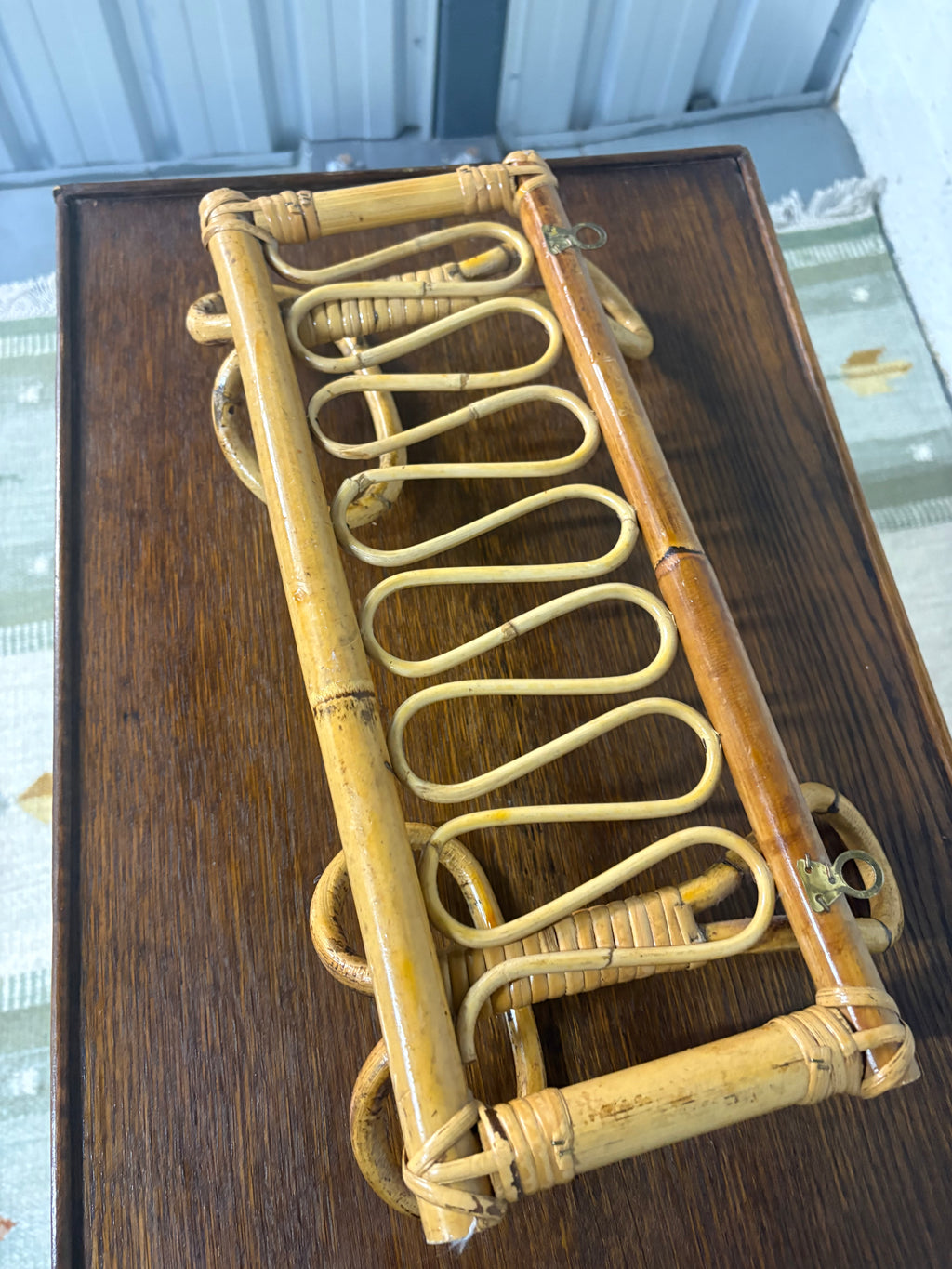 Italian Bamboo Rattan Wall Coat Rack, Albini Style, c.1950s–60s