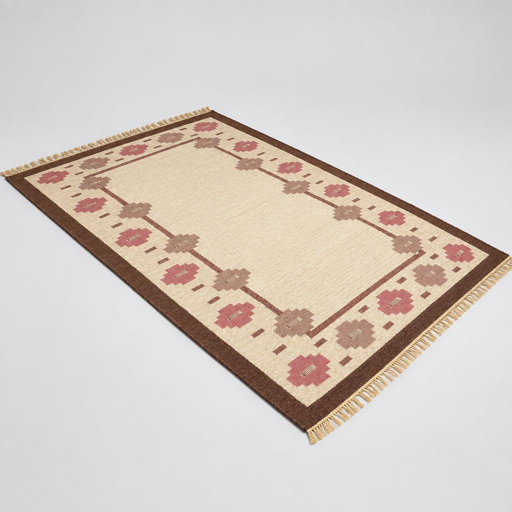 Swedish Rölakan Flat-Weave Rug, Floral Border, c.1950s–60s