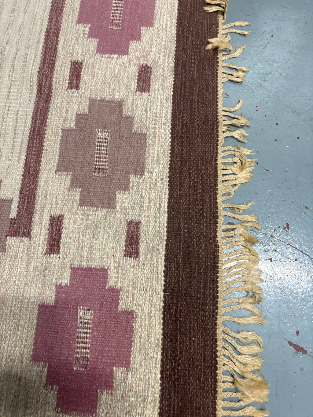 Swedish Rölakan Flat-Weave Rug, Floral Border, c.1950s–60s