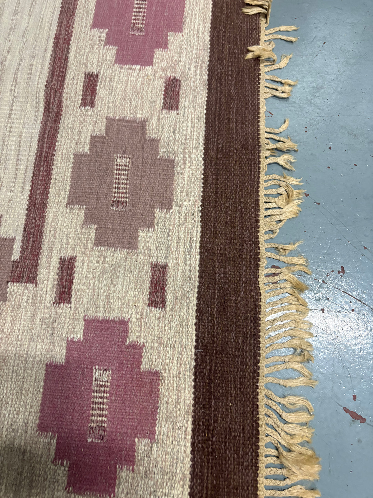 Swedish Rölakan Flat-Weave Rug, Floral Border, c.1950s–60s