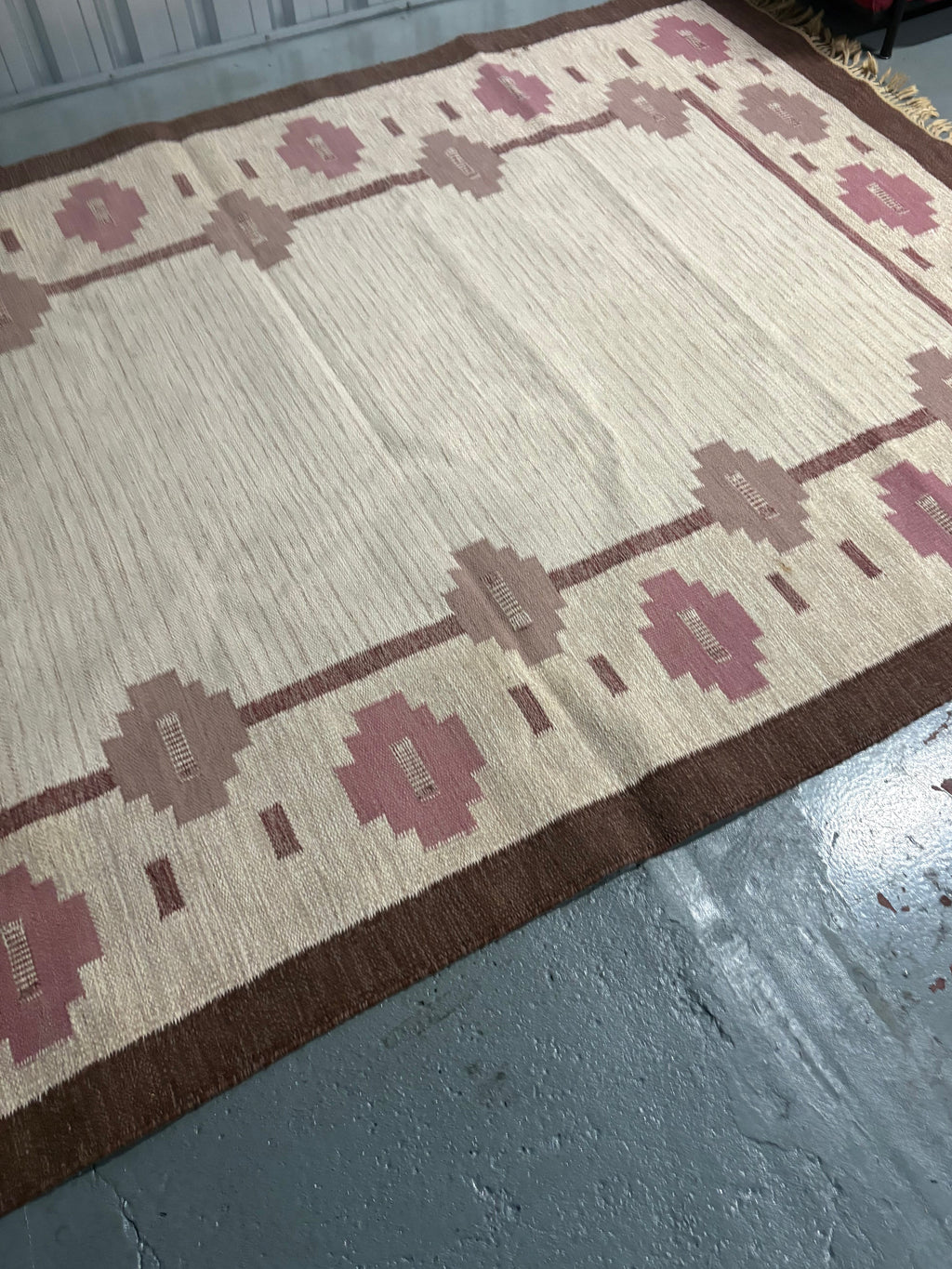 Swedish Rölakan Flat-Weave Rug, Floral Border, c.1950s–60s