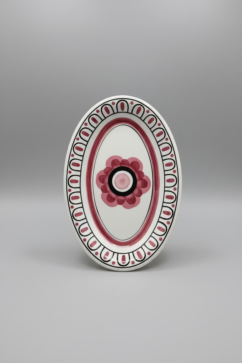 Richard-Ginori Mondovì Hand-Painted Oval Platter, Pink Flower, Italy, c.1960s–70s