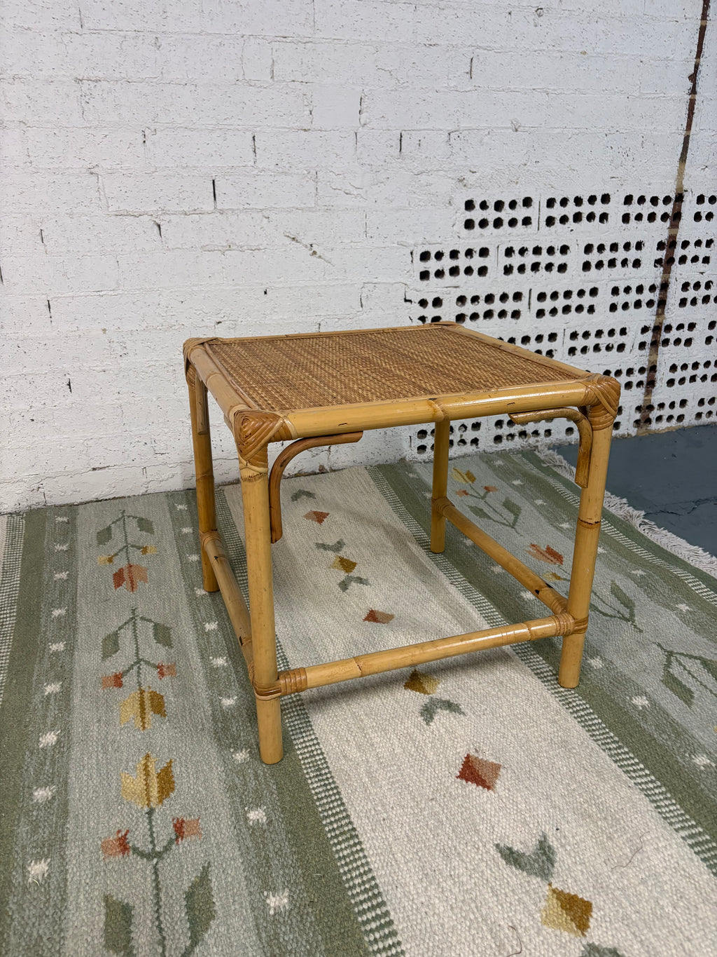 Italian Bamboo and Rattan Side Table, Woven Cane Top, c.1970s