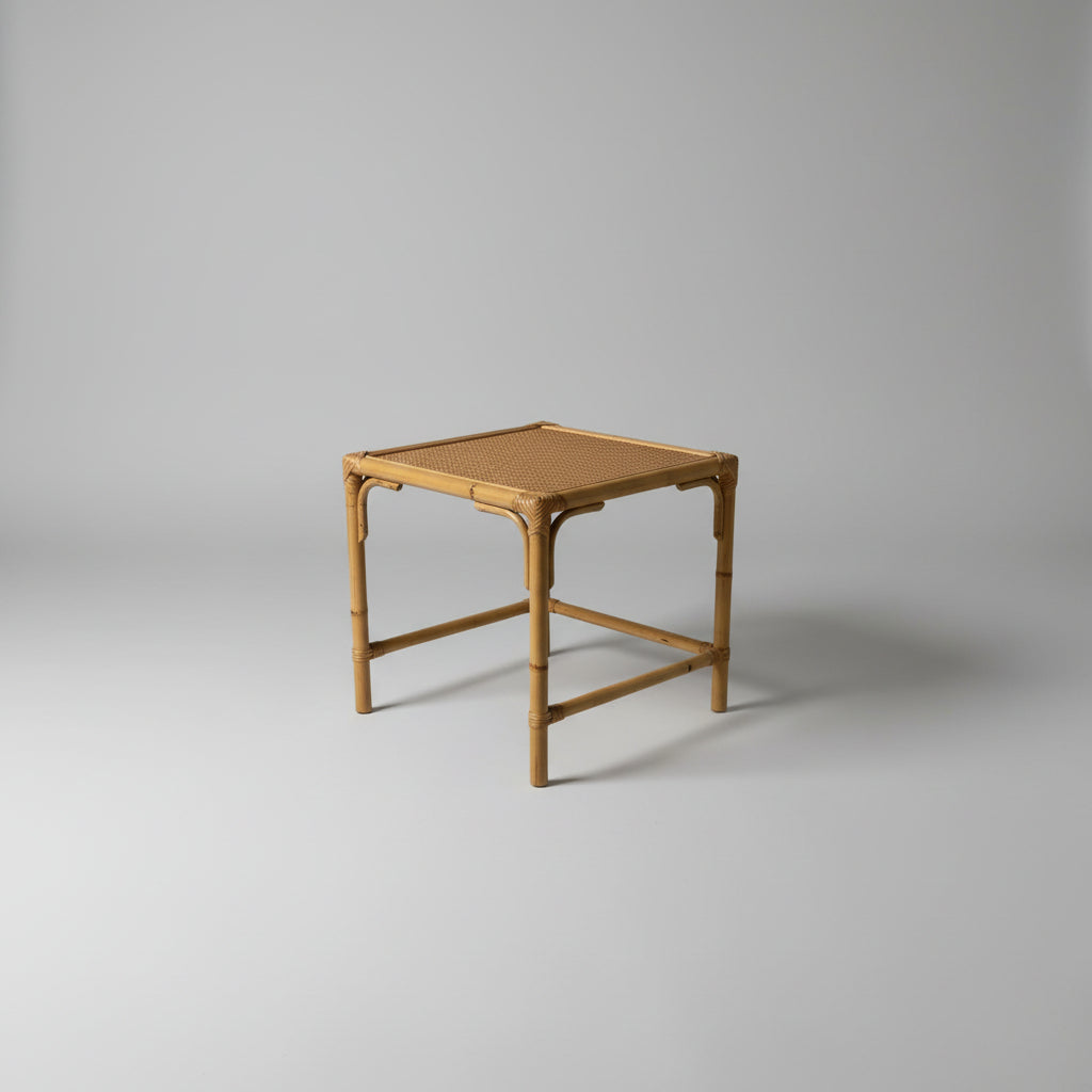 Italian Bamboo and Rattan Side Table, Woven Cane Top, c.1970s