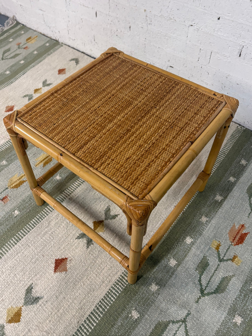 Italian Bamboo and Rattan Side Table, Woven Cane Top, c.1970s