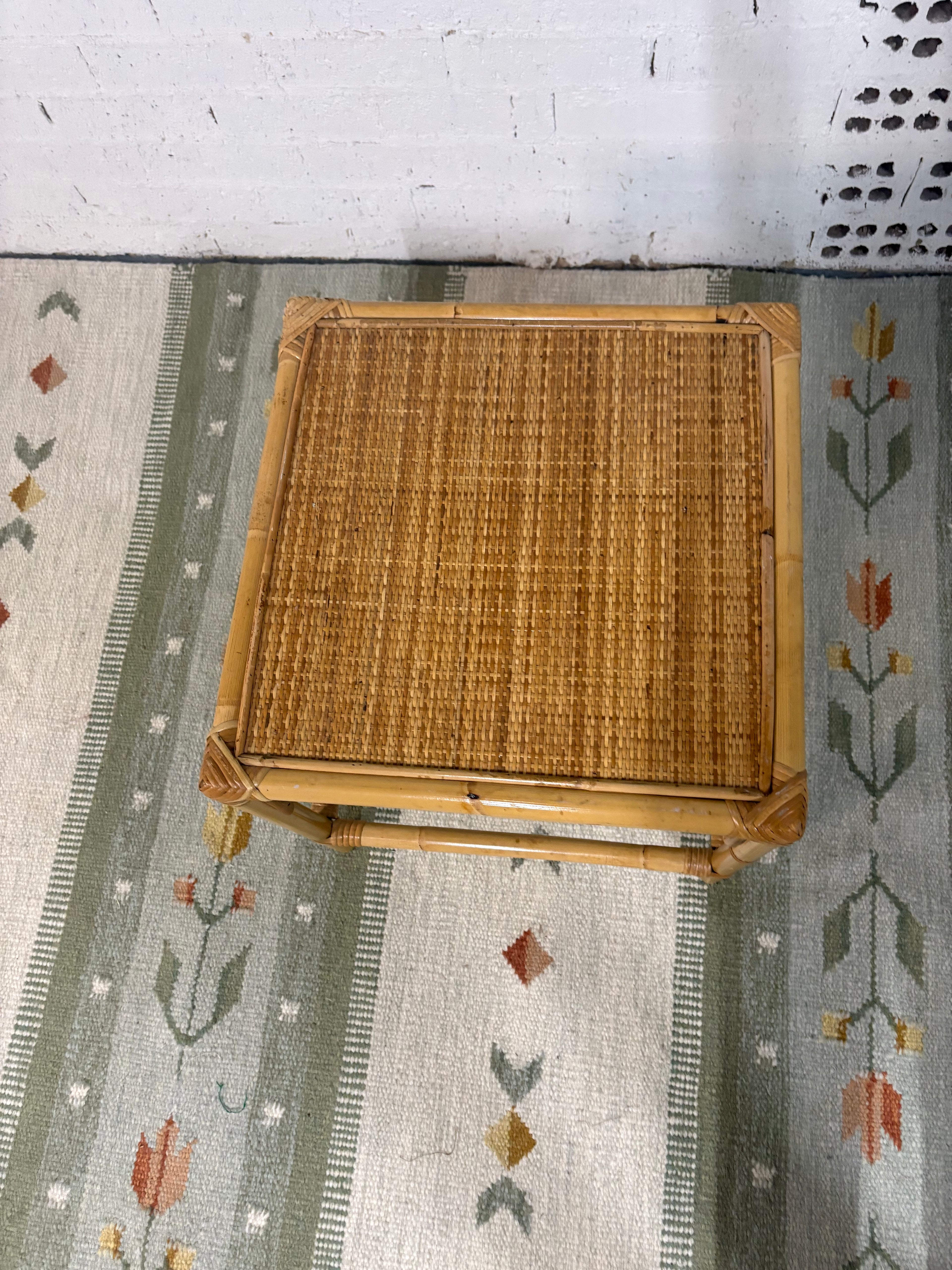 Italian Bamboo and Rattan Side Table, Woven Cane Top, c.1970s