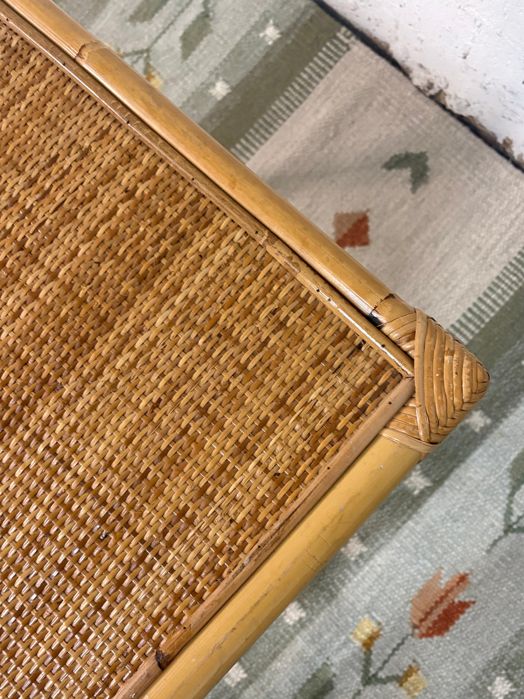 Italian Bamboo and Rattan Side Table, Woven Cane Top, c.1970s