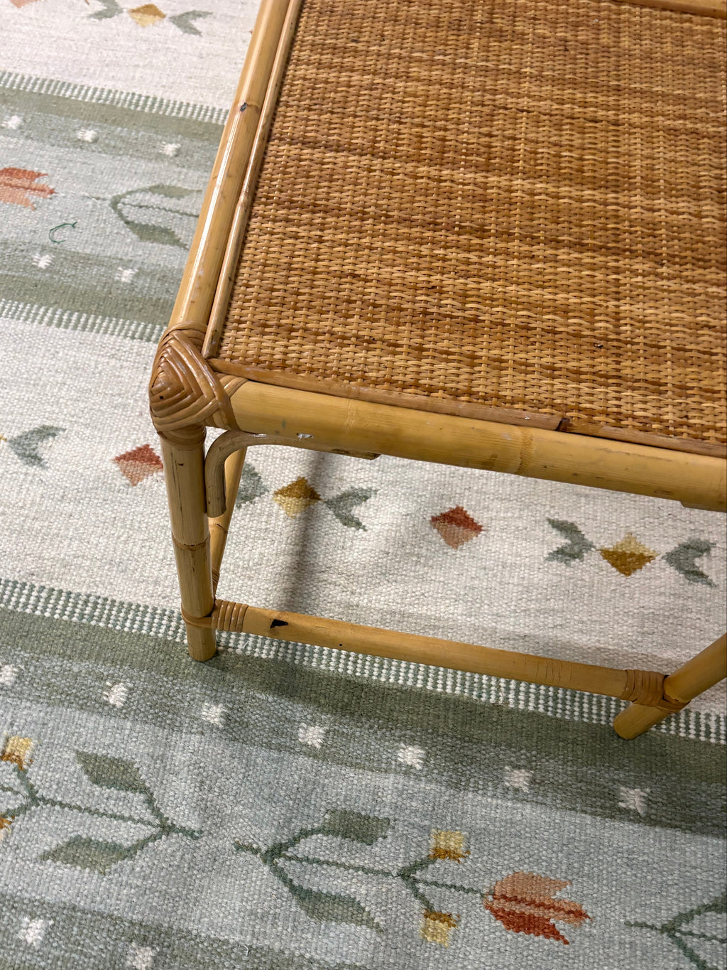 Italian Bamboo and Rattan Side Table, Woven Cane Top, c.1970s