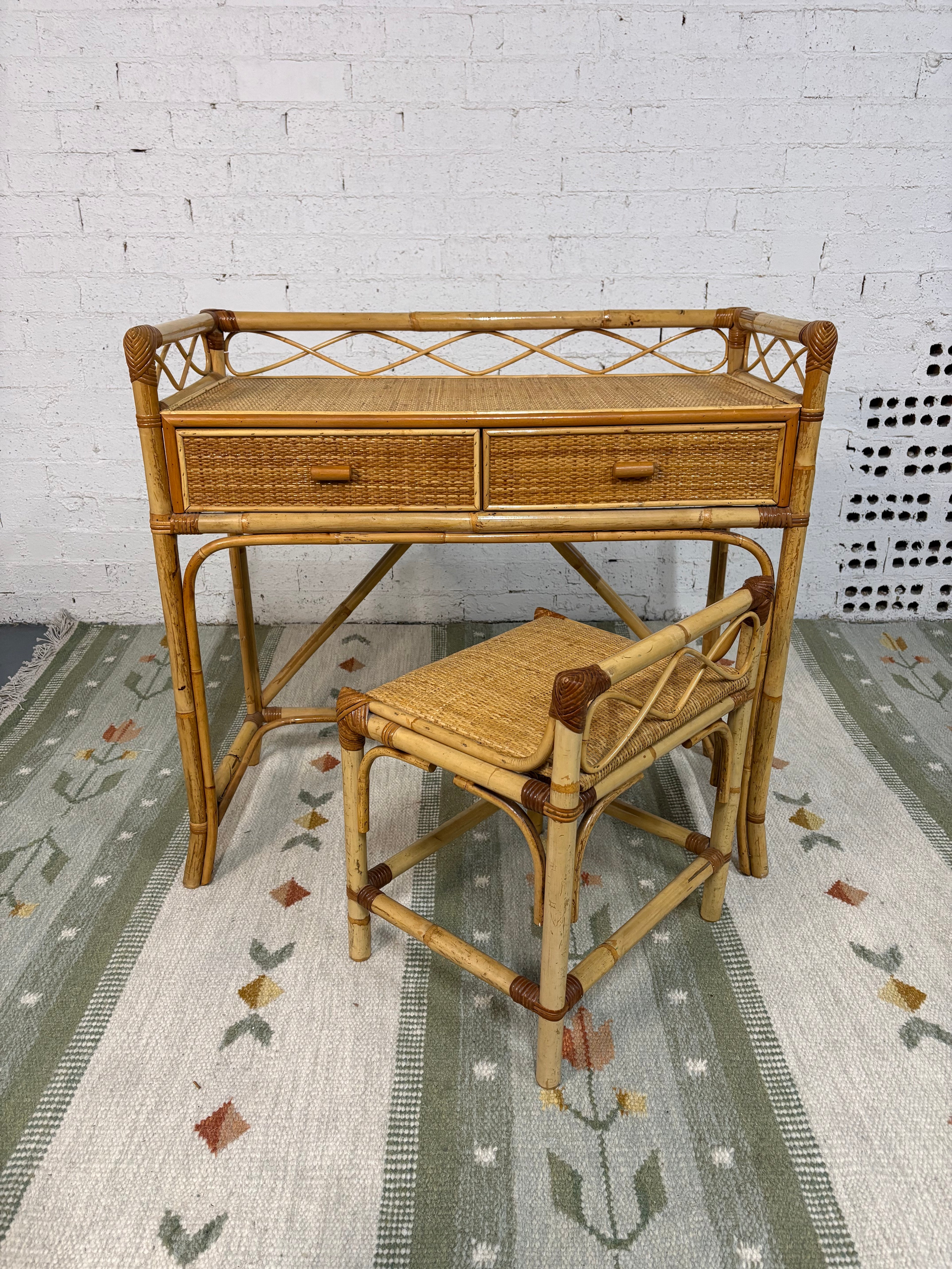 Italian 1970s Bamboo and Rattan Entrance Console/Dressing Table attributed to Bonacina