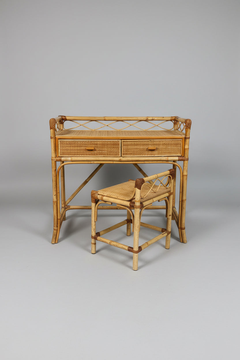 Rattan and Bamboo Dressing Stool in the Style of Franco Albini, Cushioned Cane Seat, Italy, c.1960s