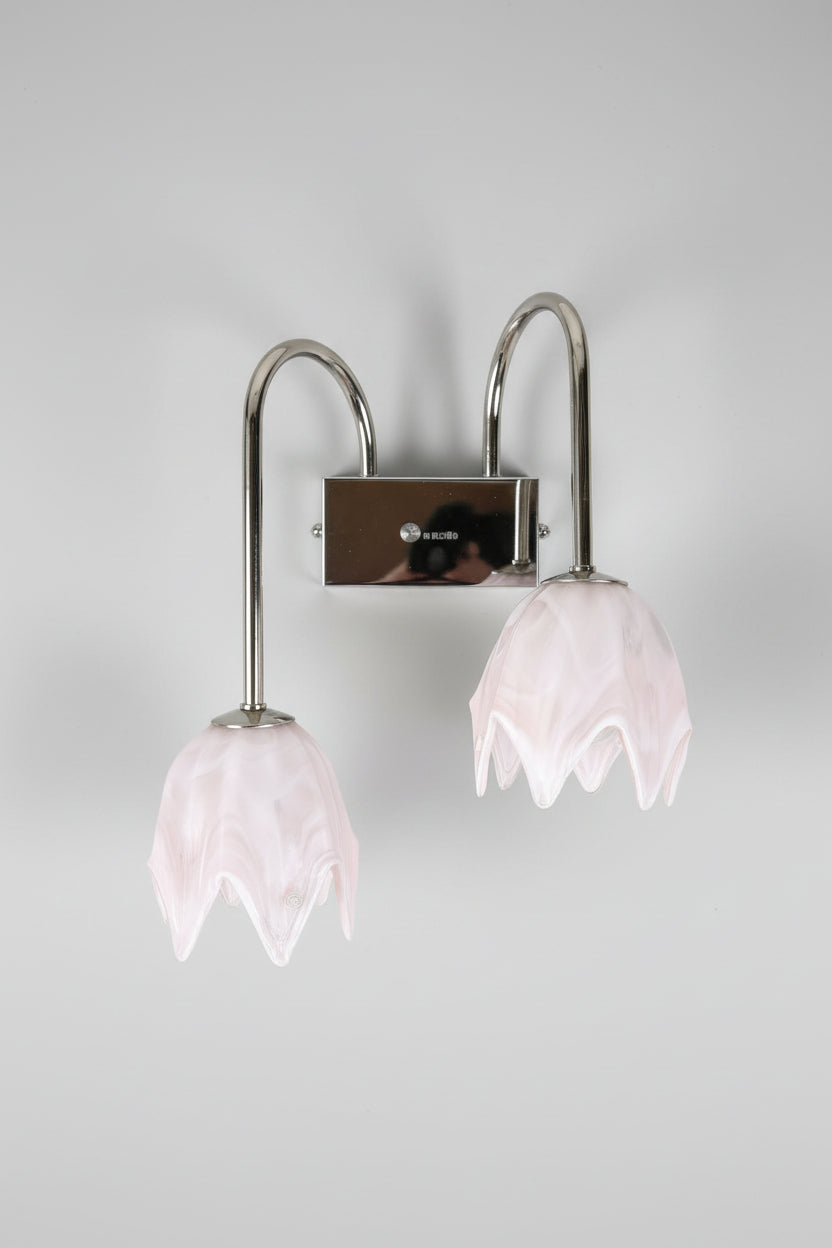 La Murrina Twin-Arm Murano Glass Wall Sconce, Marbled Pink Tulip Shades, Italy, c.1980s