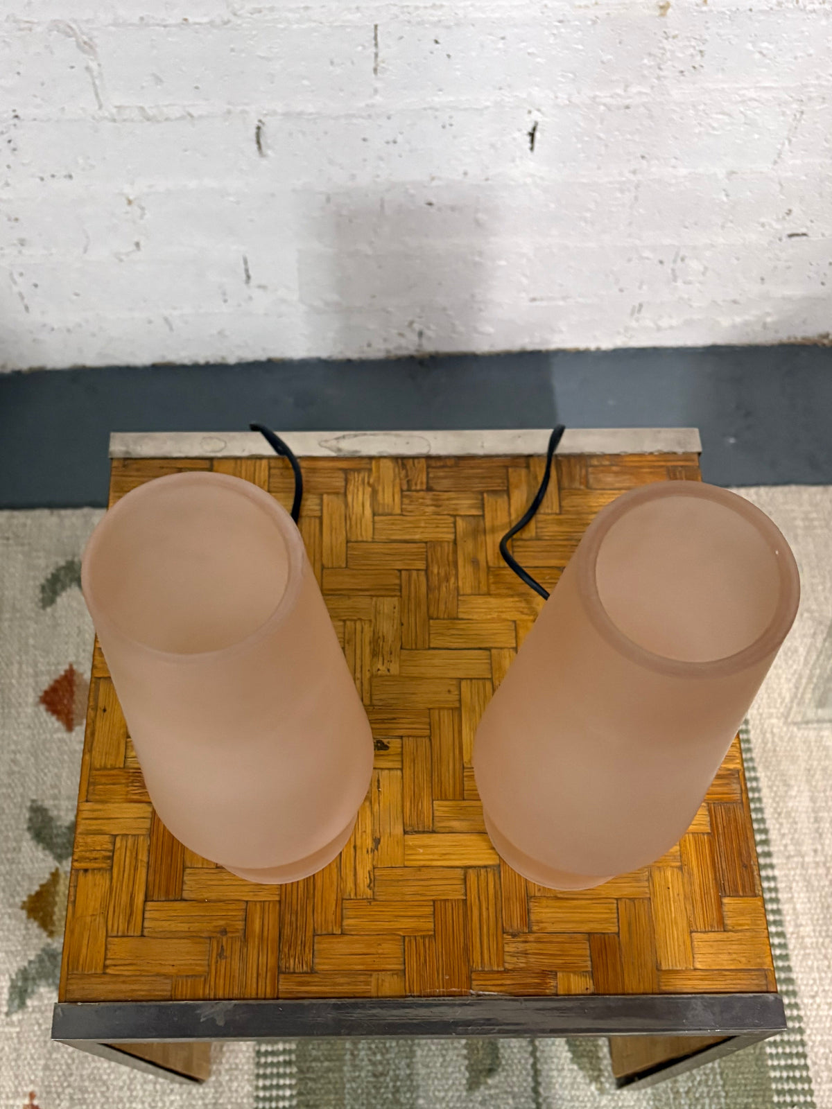 Pair of Italian Table Lamps, Tapered Frosted Pink Glass, Italy, c.1970s–1980s