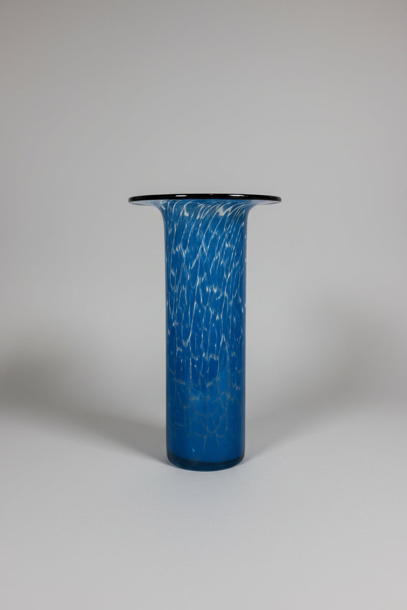 Tall Murano Cylinder Vase, Mottled Blue and White Glass, Italy, c.1970s