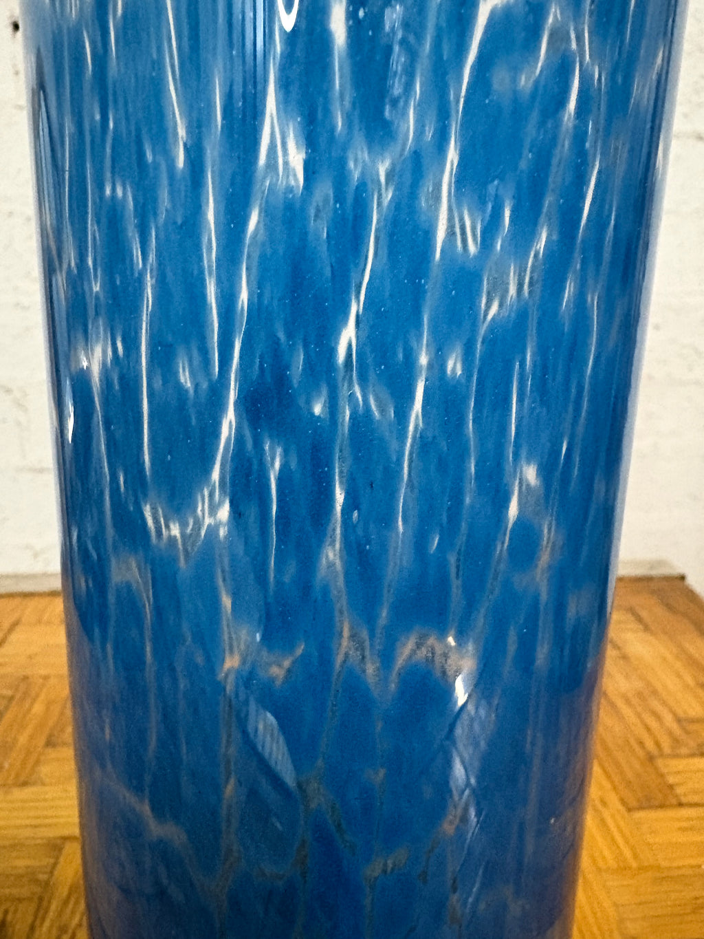 Tall Murano Cylinder Vase, Mottled Blue and White Glass, Italy, c.1970s