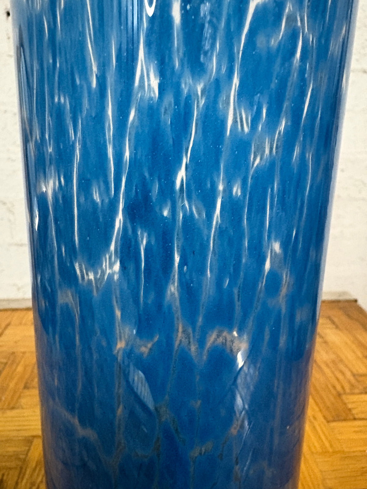 Tall Murano Cylinder Vase, Mottled Blue and White Glass, Italy, c.1970s