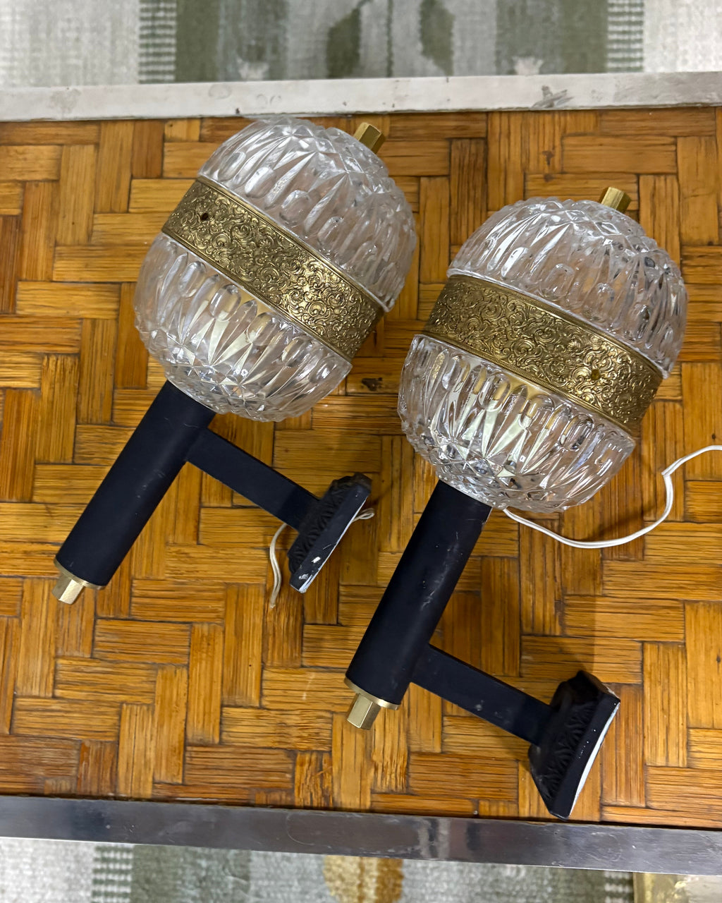 Pair of Neo-Rococo Faceted Glass and Cast-Metal Globe Wall Sconces, c.1960s