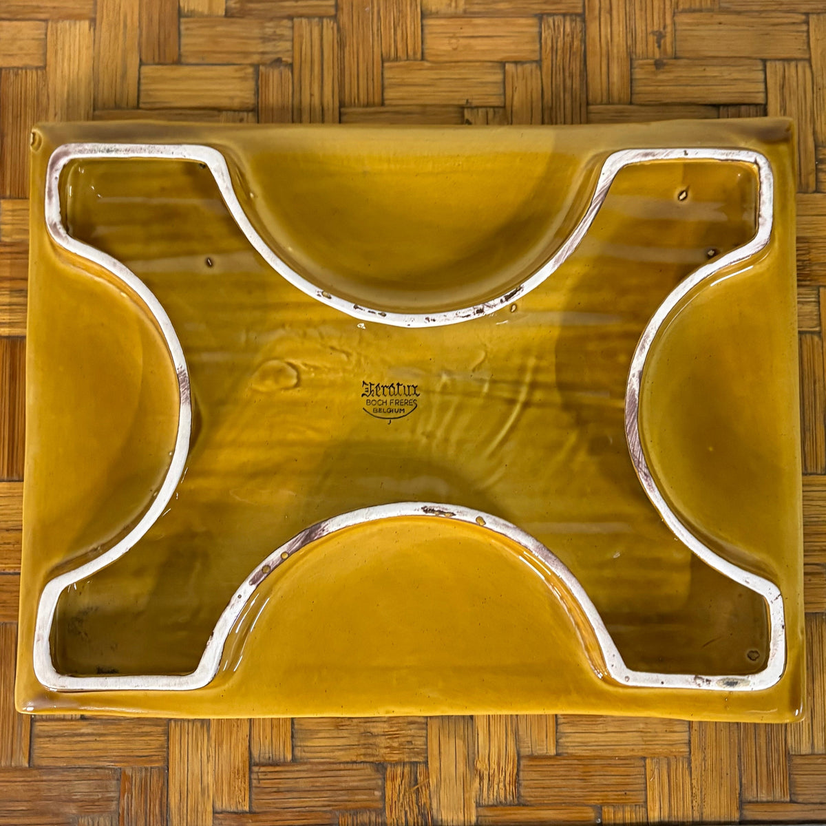 Boch Frères Faux-Bamboo Tray, Mustard-Glazed Ceramic, Belgium, c.1970s
