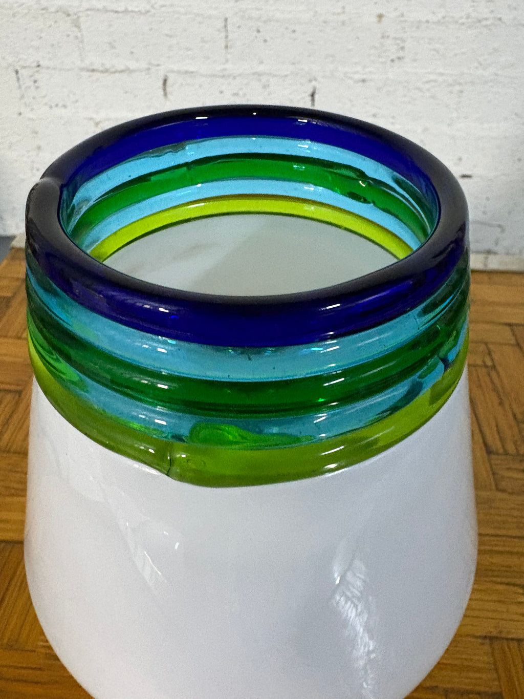 Leucos Murano Glass Wall or Ceiling Light, White Opaline with Coloured Bands Italy, c.1970s