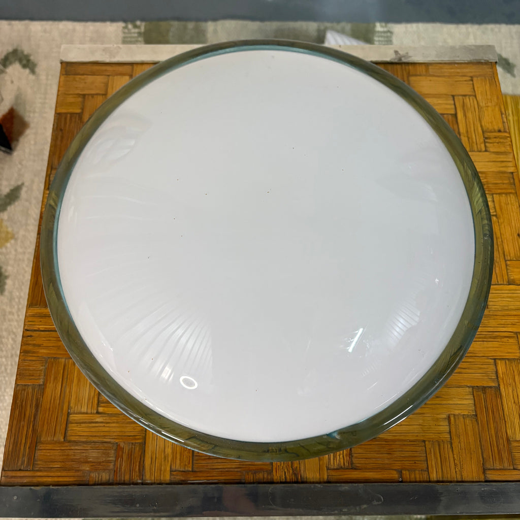 Murano Glass Flush Mount, attributed to Leucos, White Opaline Dome with Blue Glass Rim, Italy, c.1970s–1980s