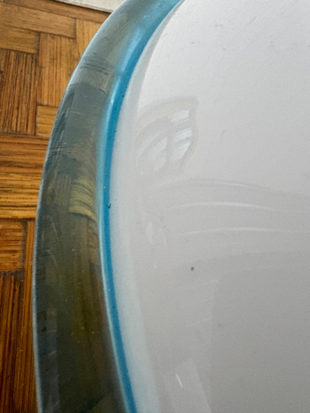 Murano Glass Flush Mount, attributed to Leucos, White Opaline Dome with Blue Glass Rim, Italy, c.1970s–1980s