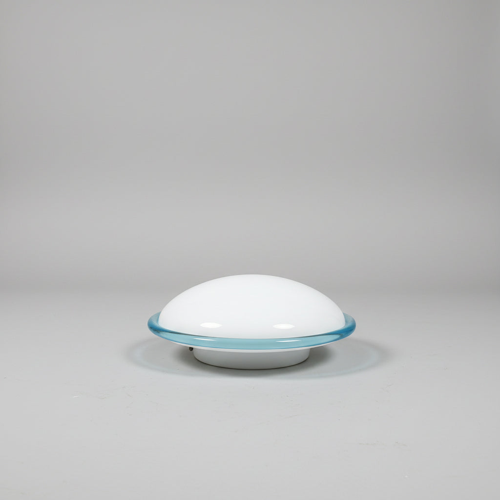 Murano Glass Flush Mount, attributed to Leucos, White Opaline Dome with Blue Glass Rim, Italy, c.1970s–1980s