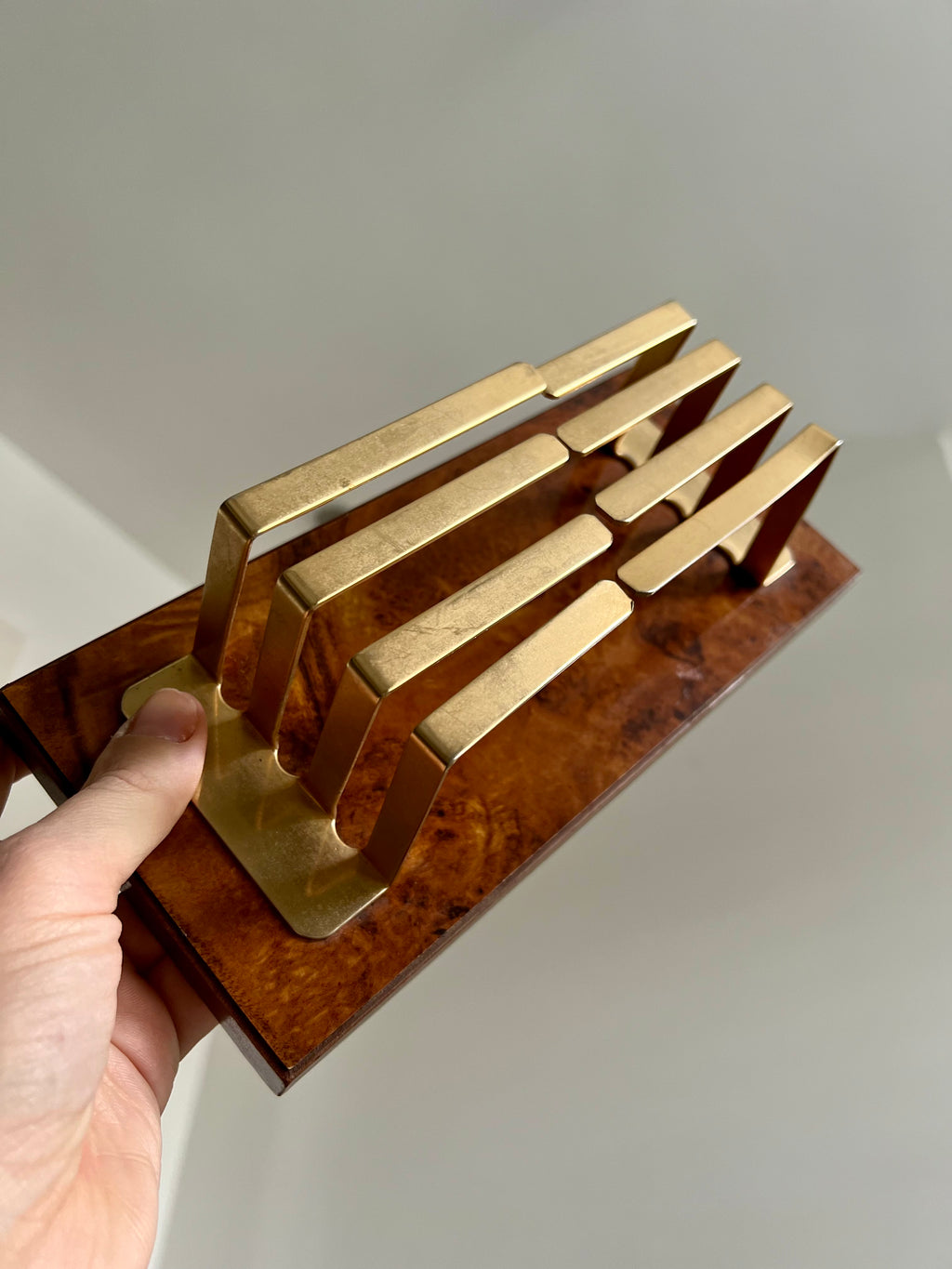 Vintage brass and burr wood letter holder