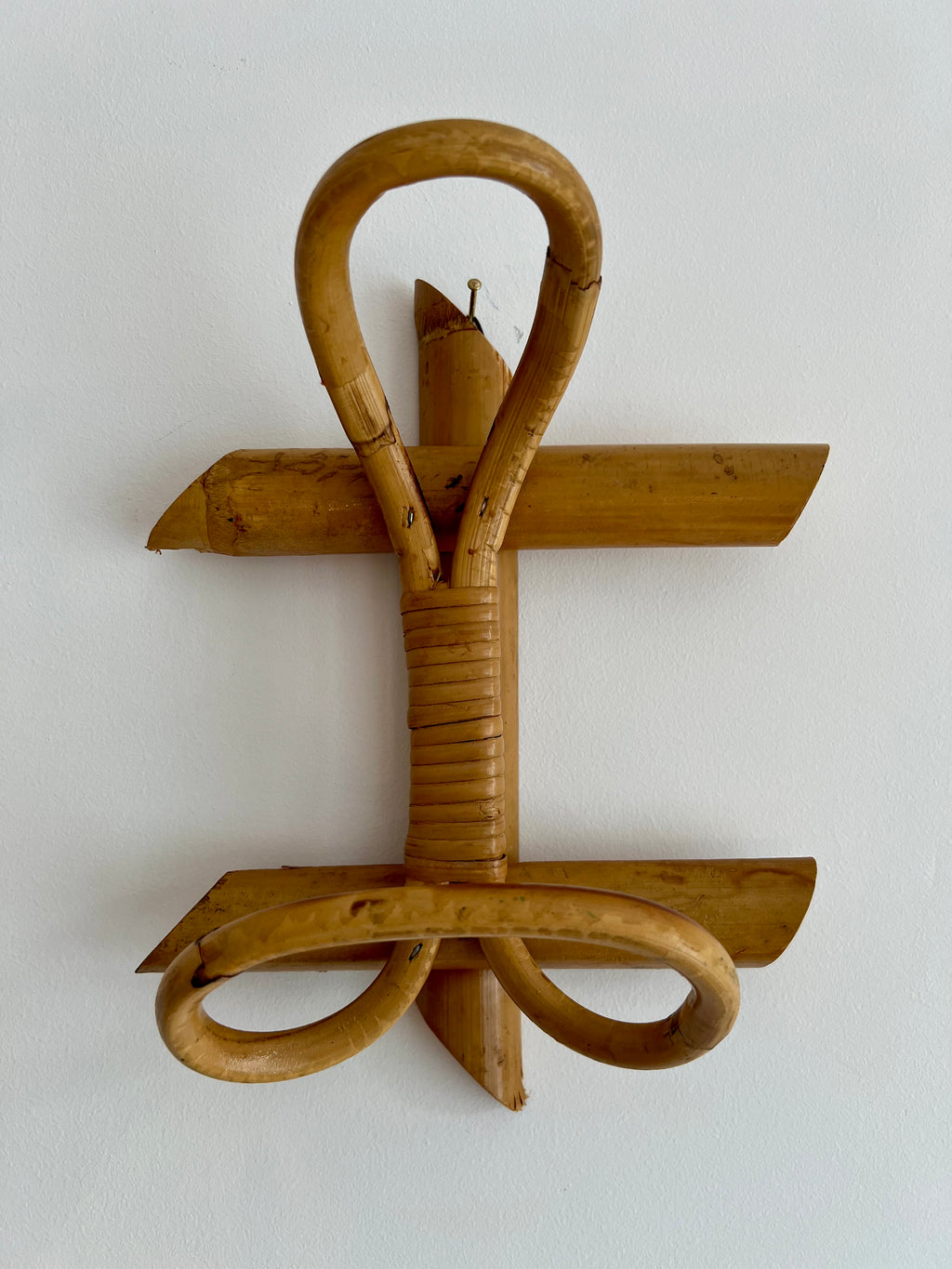 Mid-Century Bamboo and Rattan Coat Stand, Single Hook Wall-Mounted Design