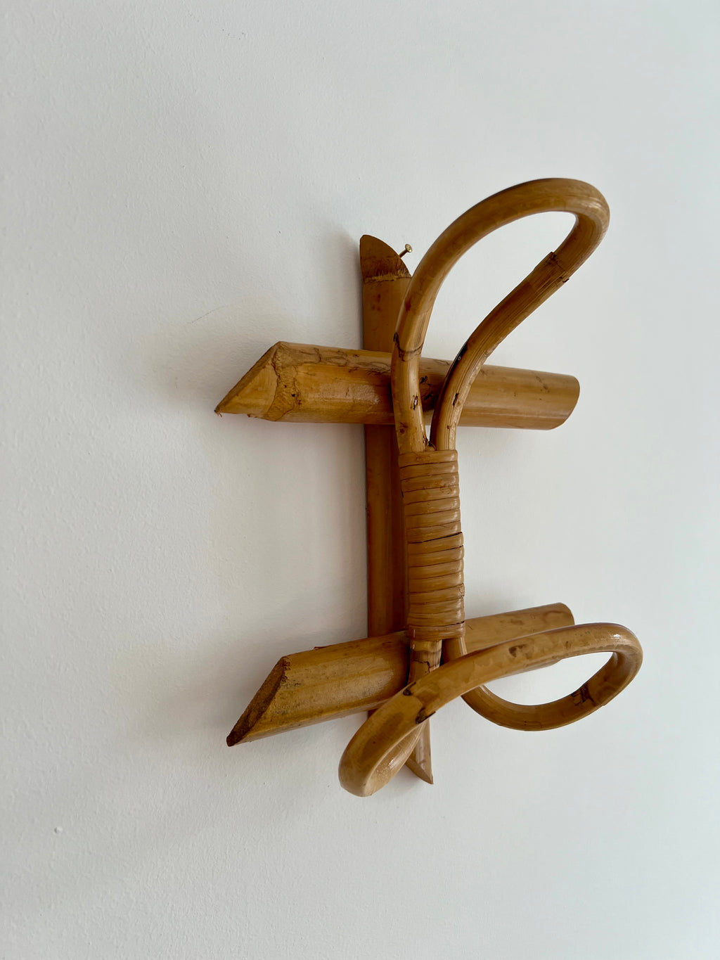 Mid-Century Bamboo and Rattan Coat Stand, Single Hook Wall-Mounted Design