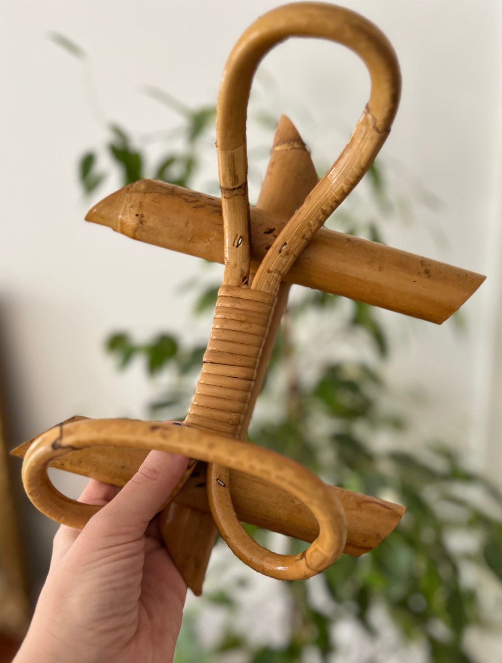 Mid-Century Bamboo and Rattan Coat Stand, Single Hook Wall-Mounted Design