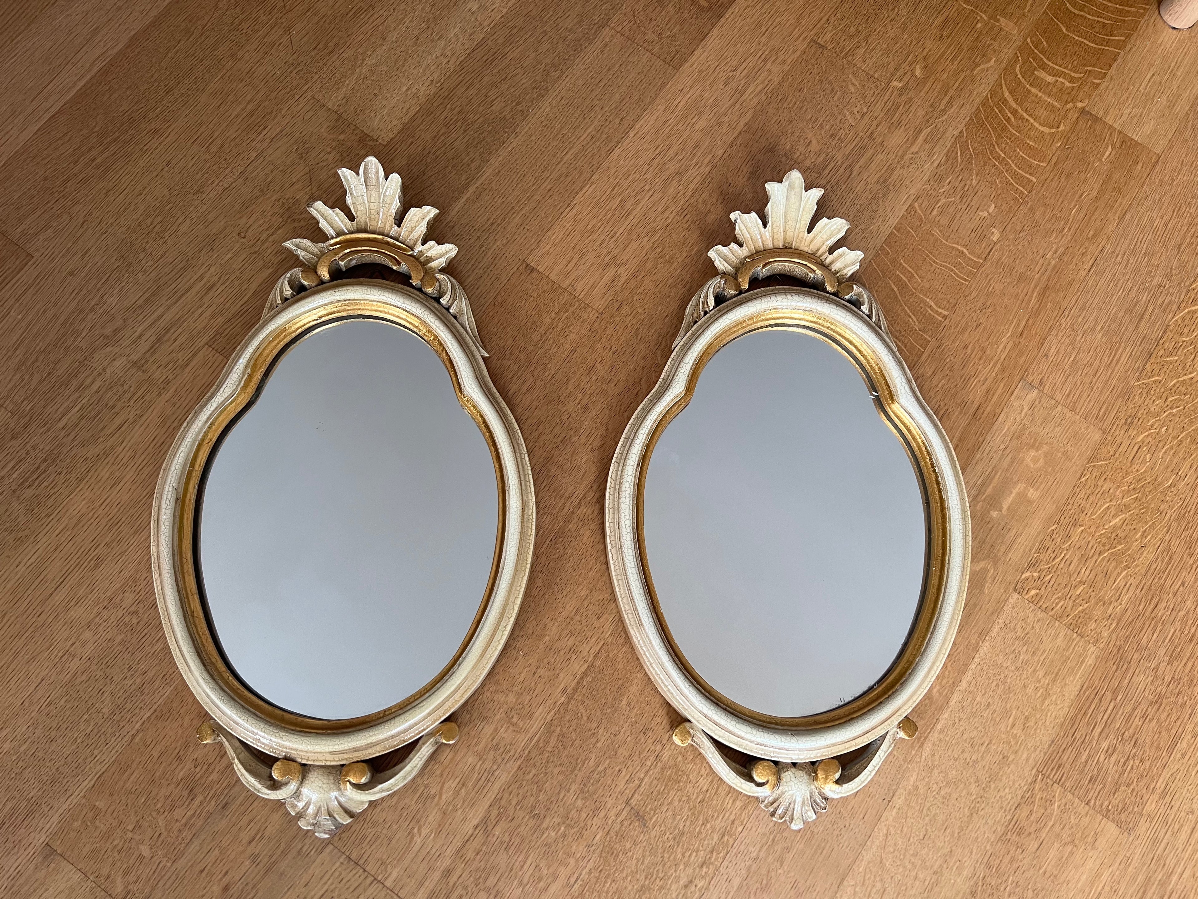 Pair of Italian Carved Wood Mirrors with Gold and White Finish, Italy, 1970s