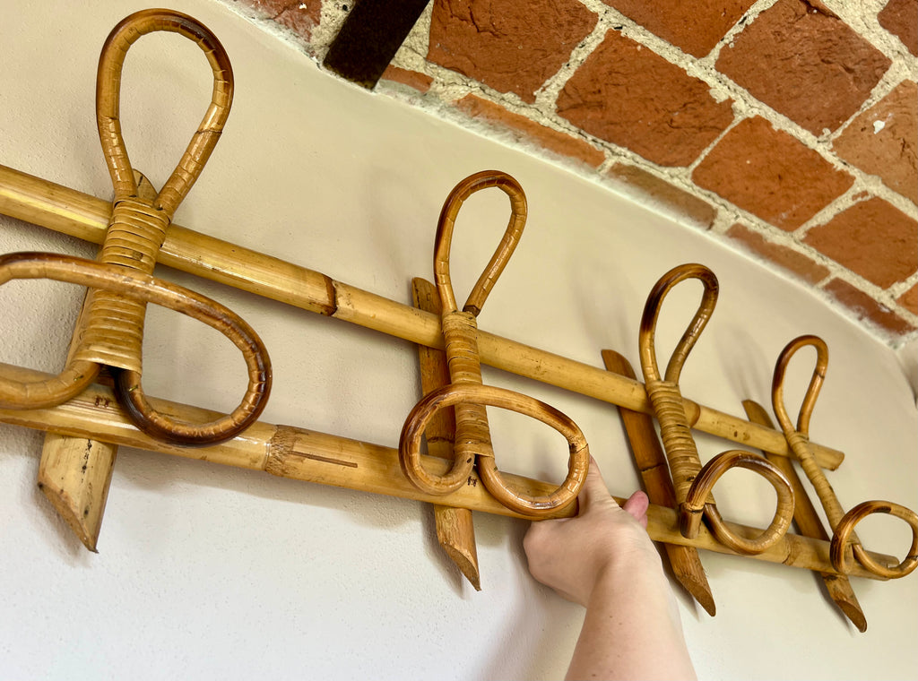 Mid-century wicker and bamboo coat rack