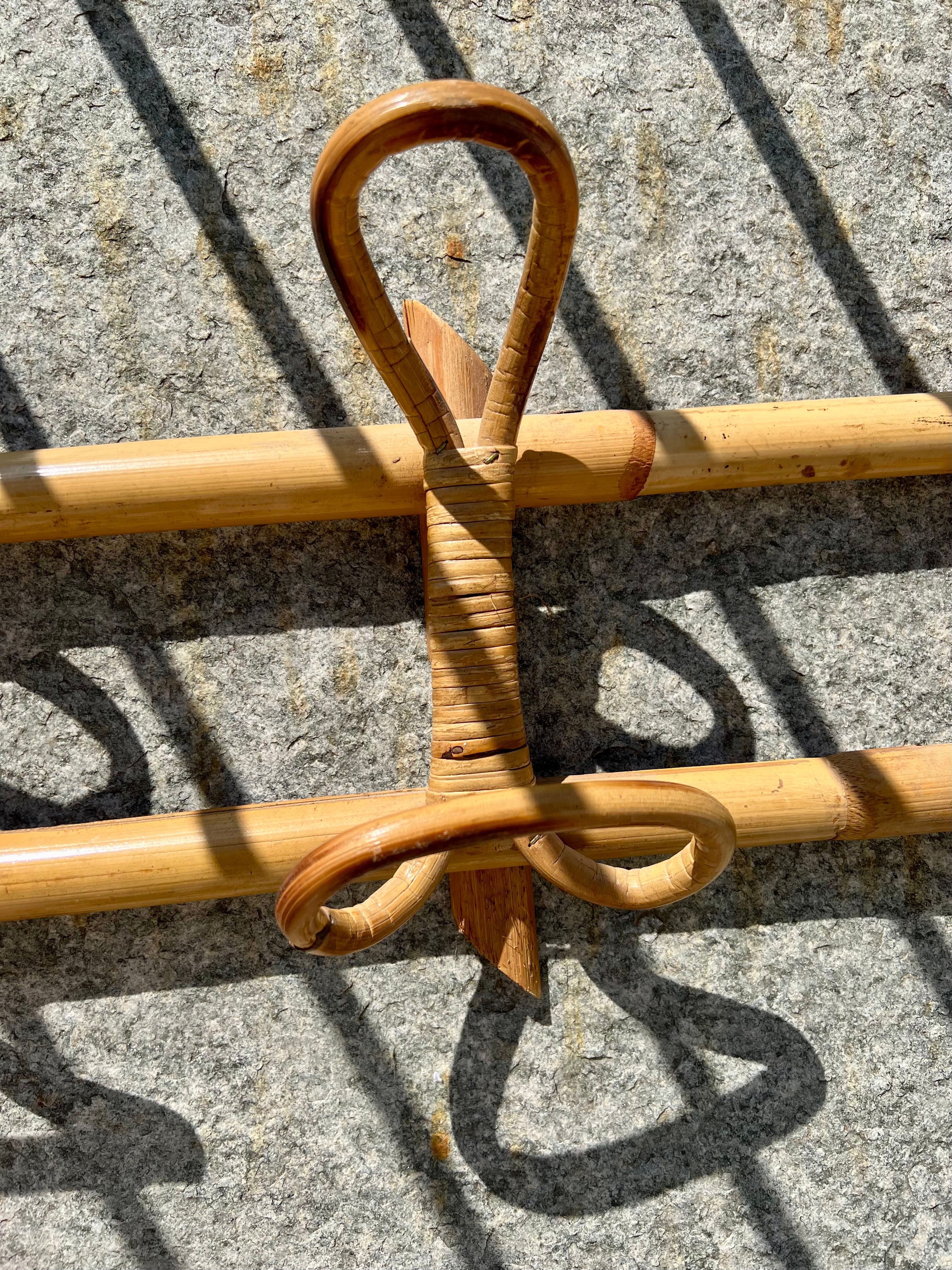 Mid-century wicker and bamboo coat rack