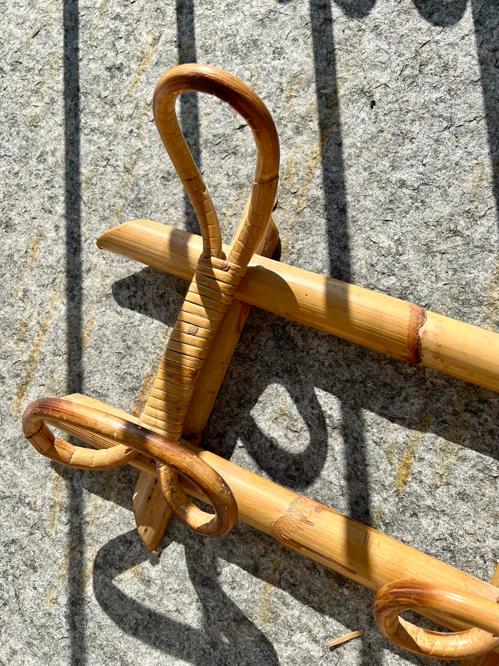 Mid-century wicker and bamboo coat rack