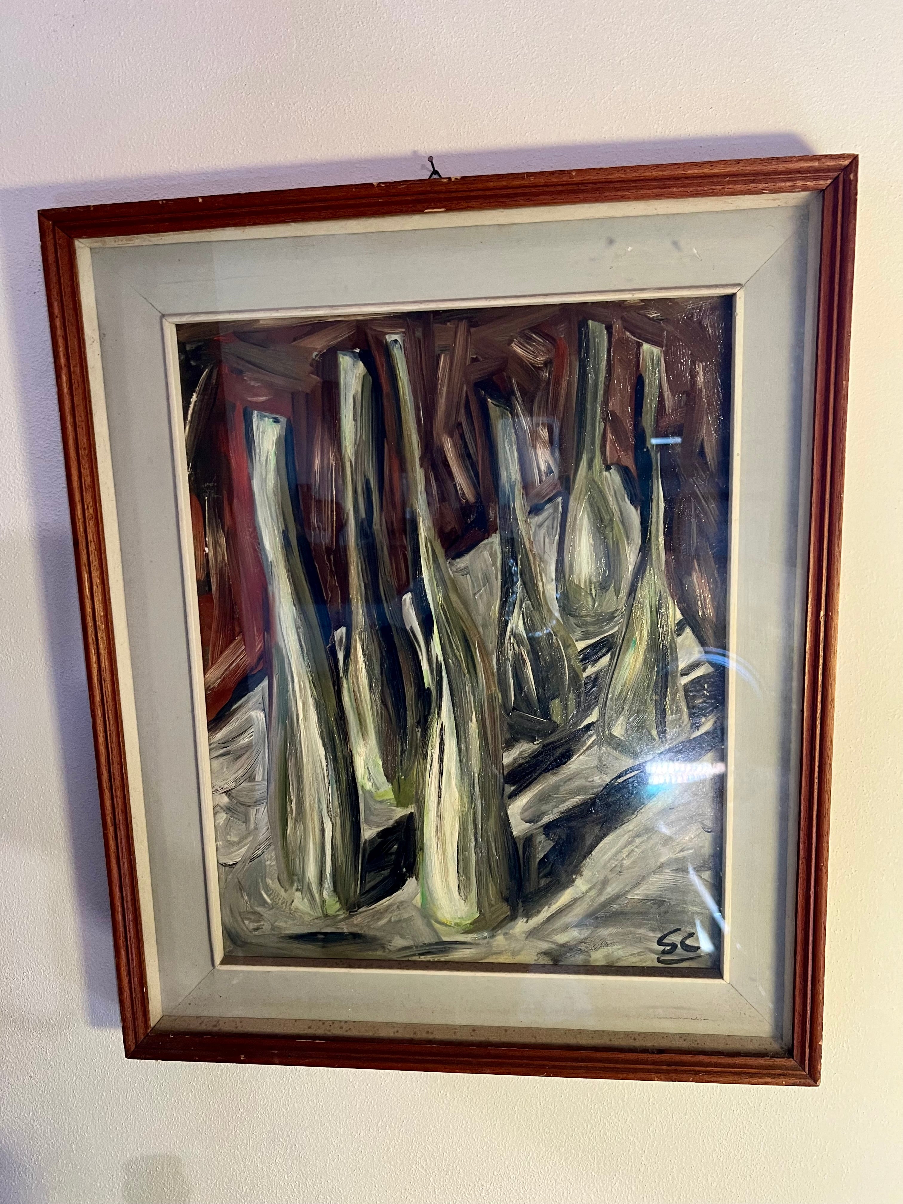 Italian Abstract Still Life with Glass Bottles, Signed S.C., 1950s