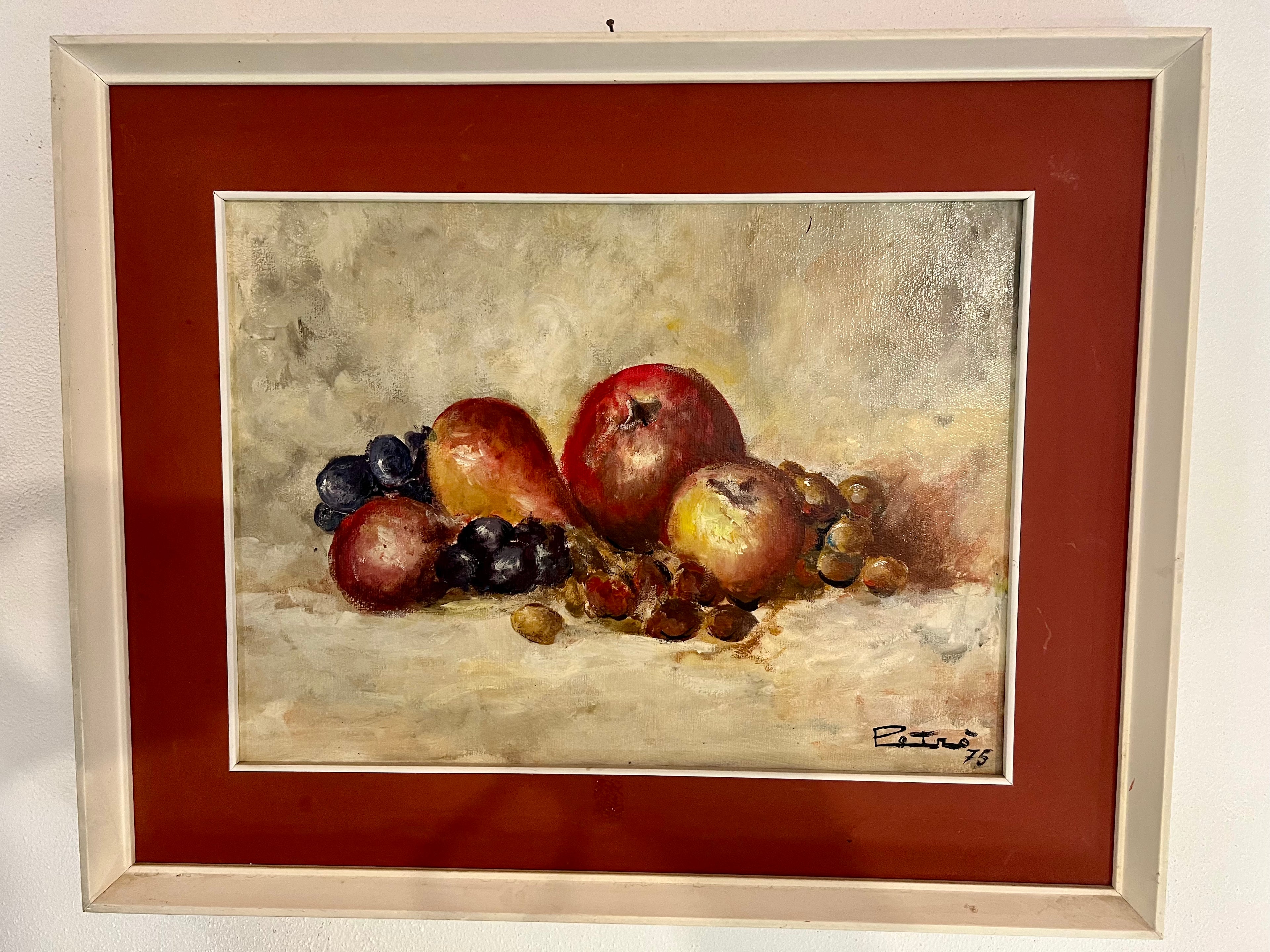 Italian Abstract Oil Still Life with Fruit, Signed Petro, 1975