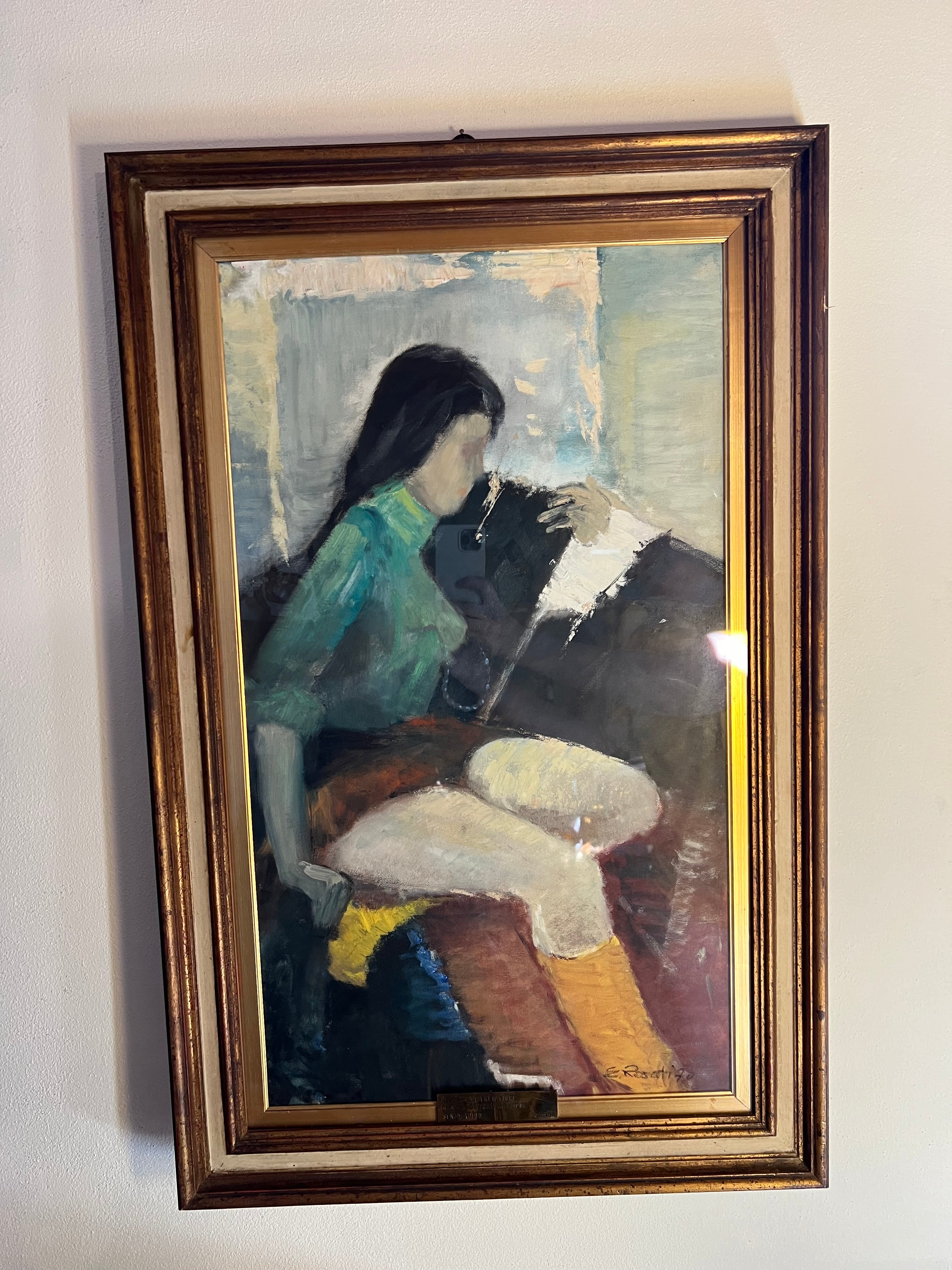 Italian Figurative Painting of Woman Reading, Signed E. Rosati, 1970s
