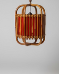 950s Italian Bamboo Pendant with Rare Red Parchment Diffuser and Rattan Chain