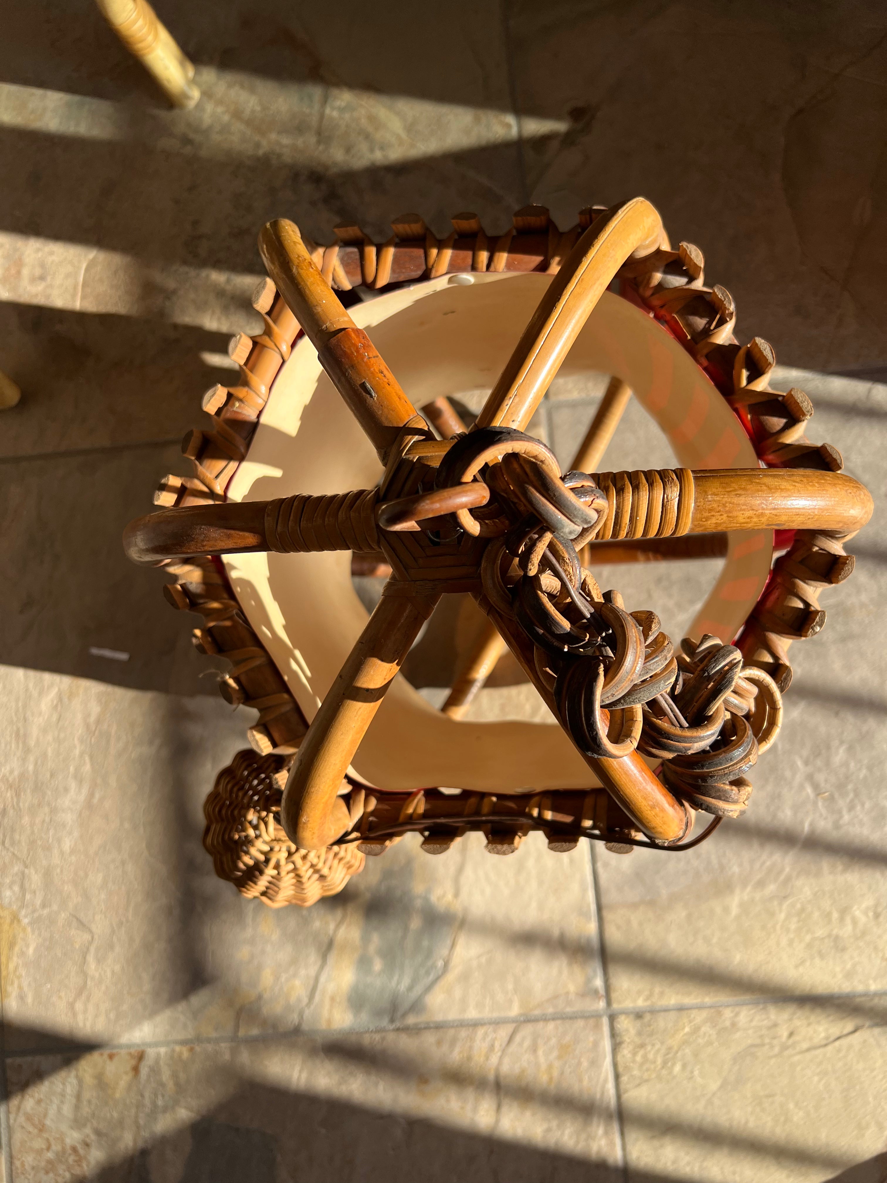 950s Italian Bamboo Pendant with Rare Red Parchment Diffuser and Rattan Chain