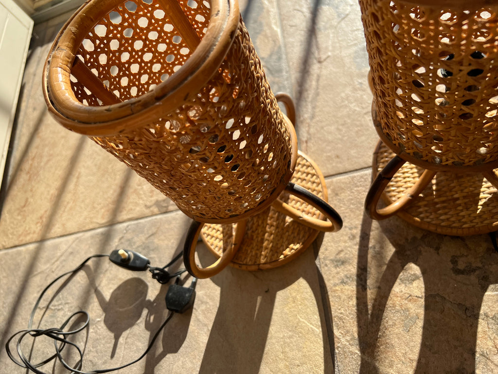 Pair of Vintage Italian Bamboo Rattan Table Lamps