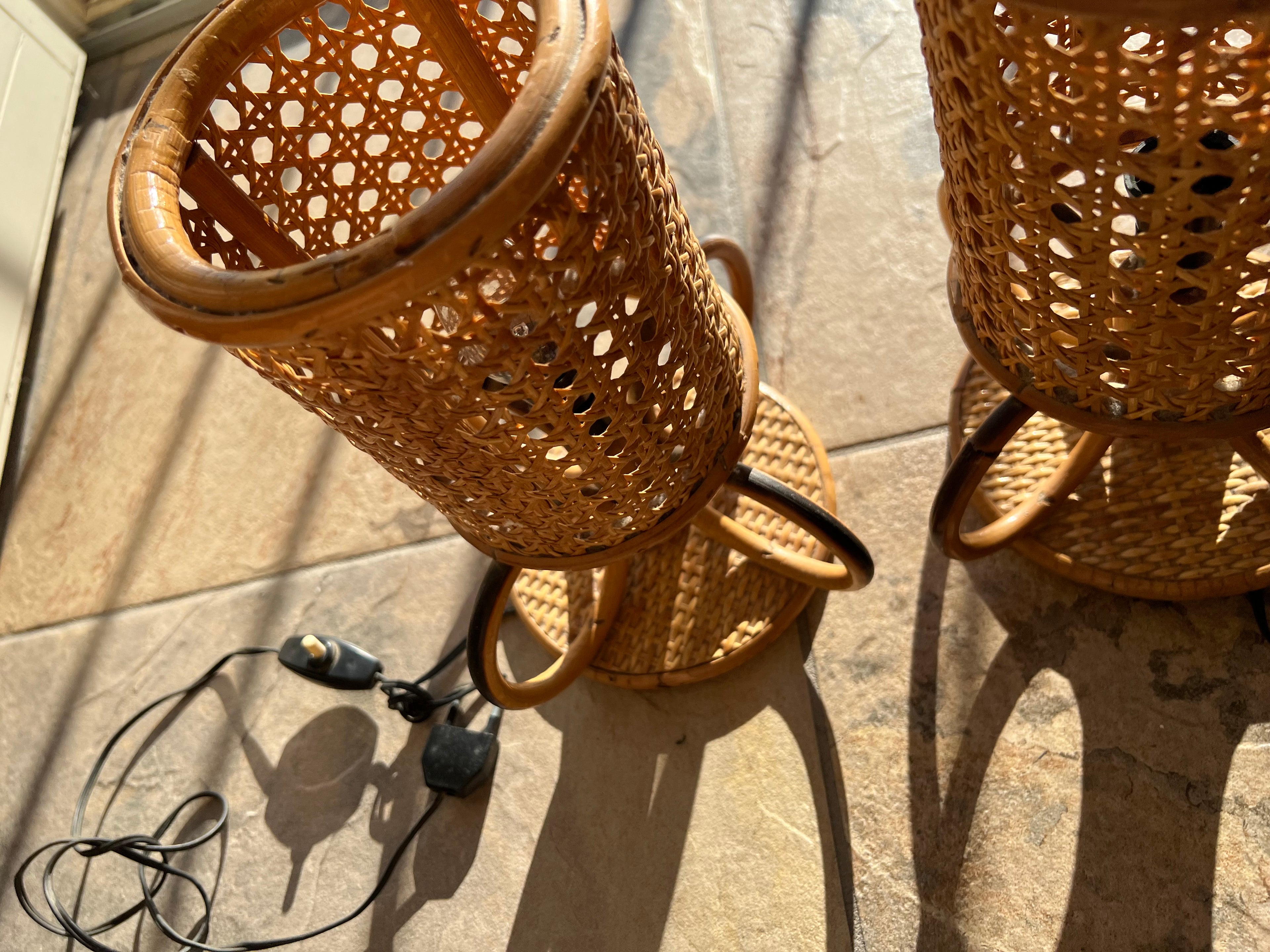 Pair of Vintage Italian Bamboo Rattan Table Lamps