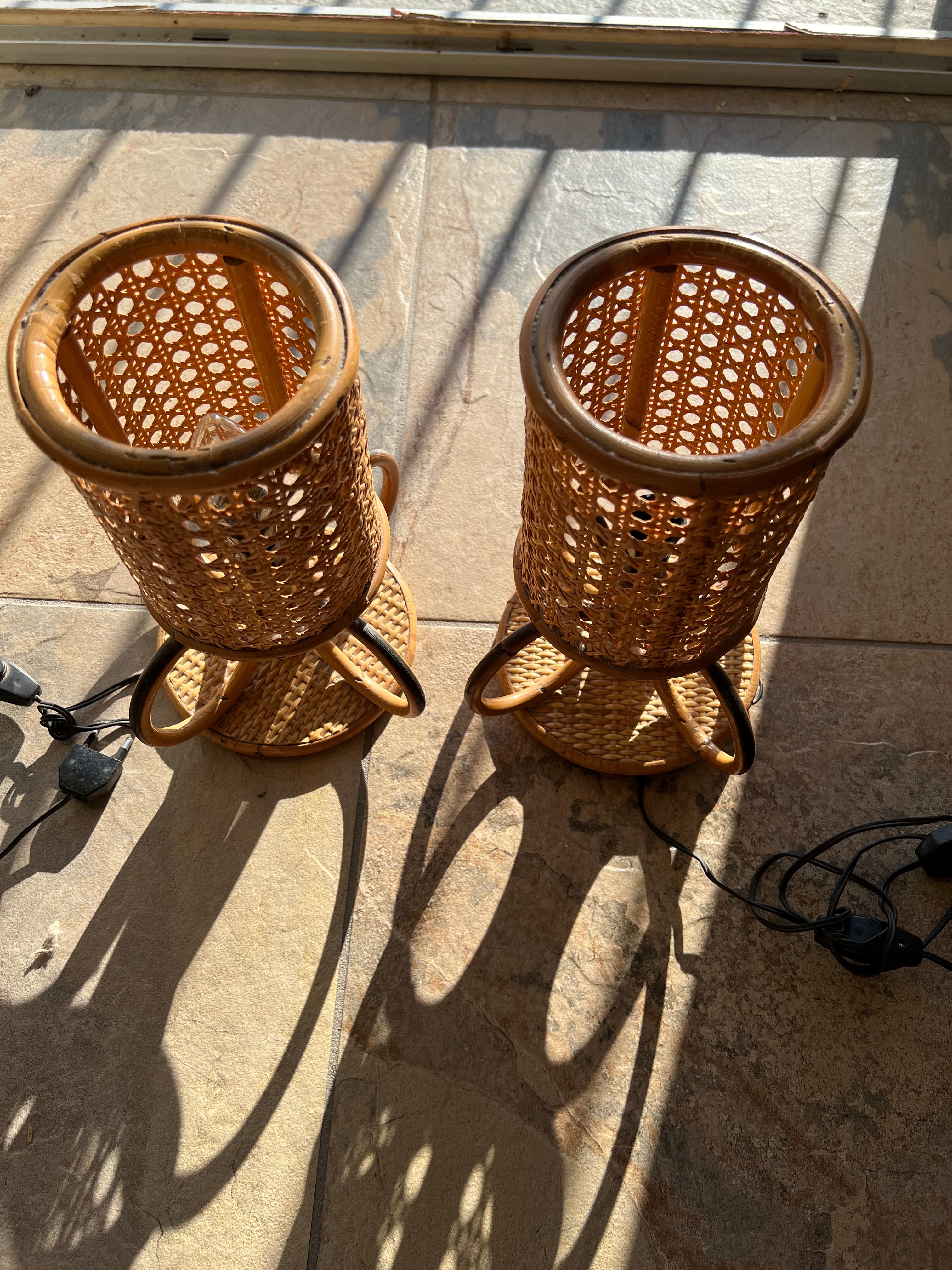 Pair of Vintage Italian Bamboo Rattan Table Lamps