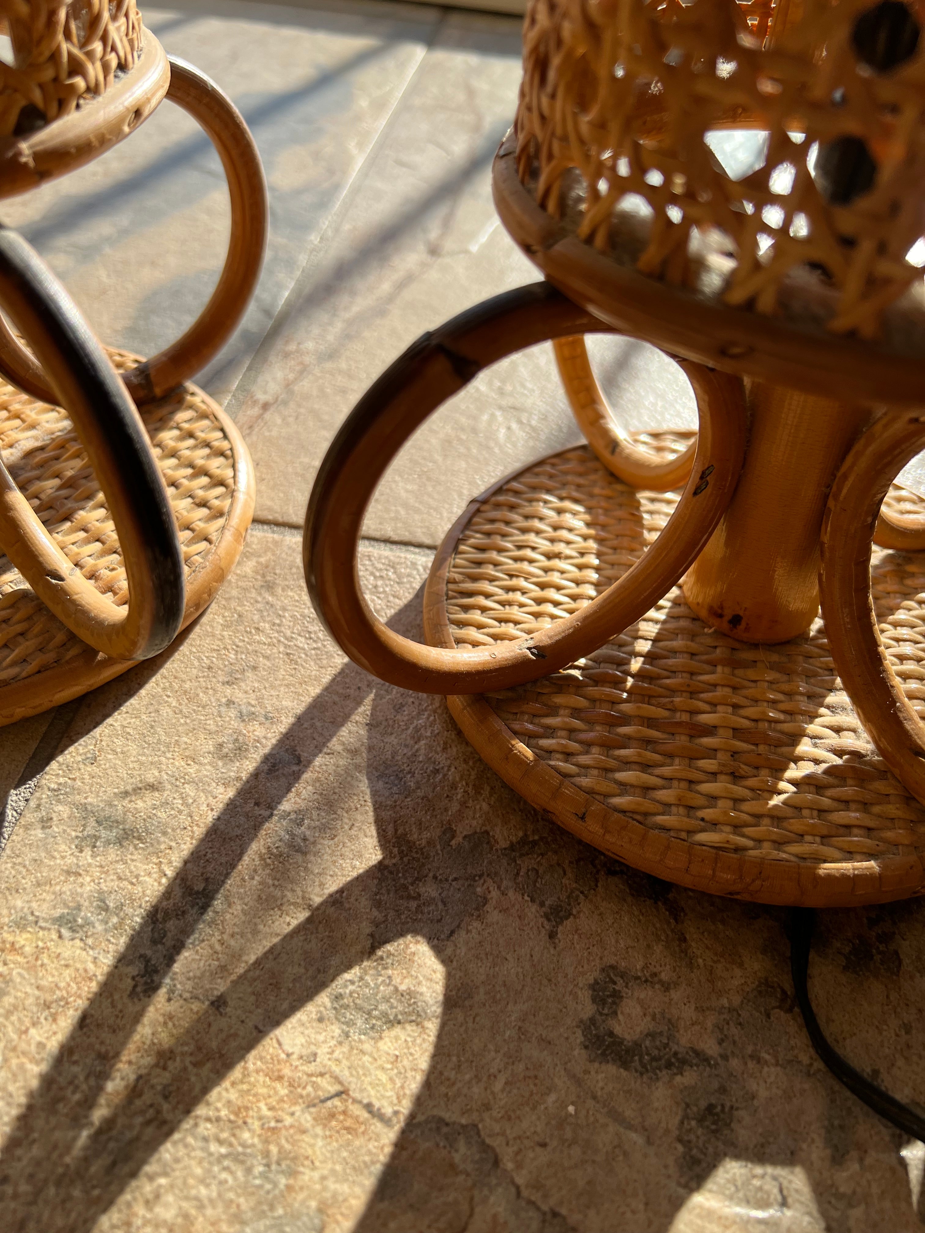 Pair of Vintage Italian Bamboo Rattan Table Lamps